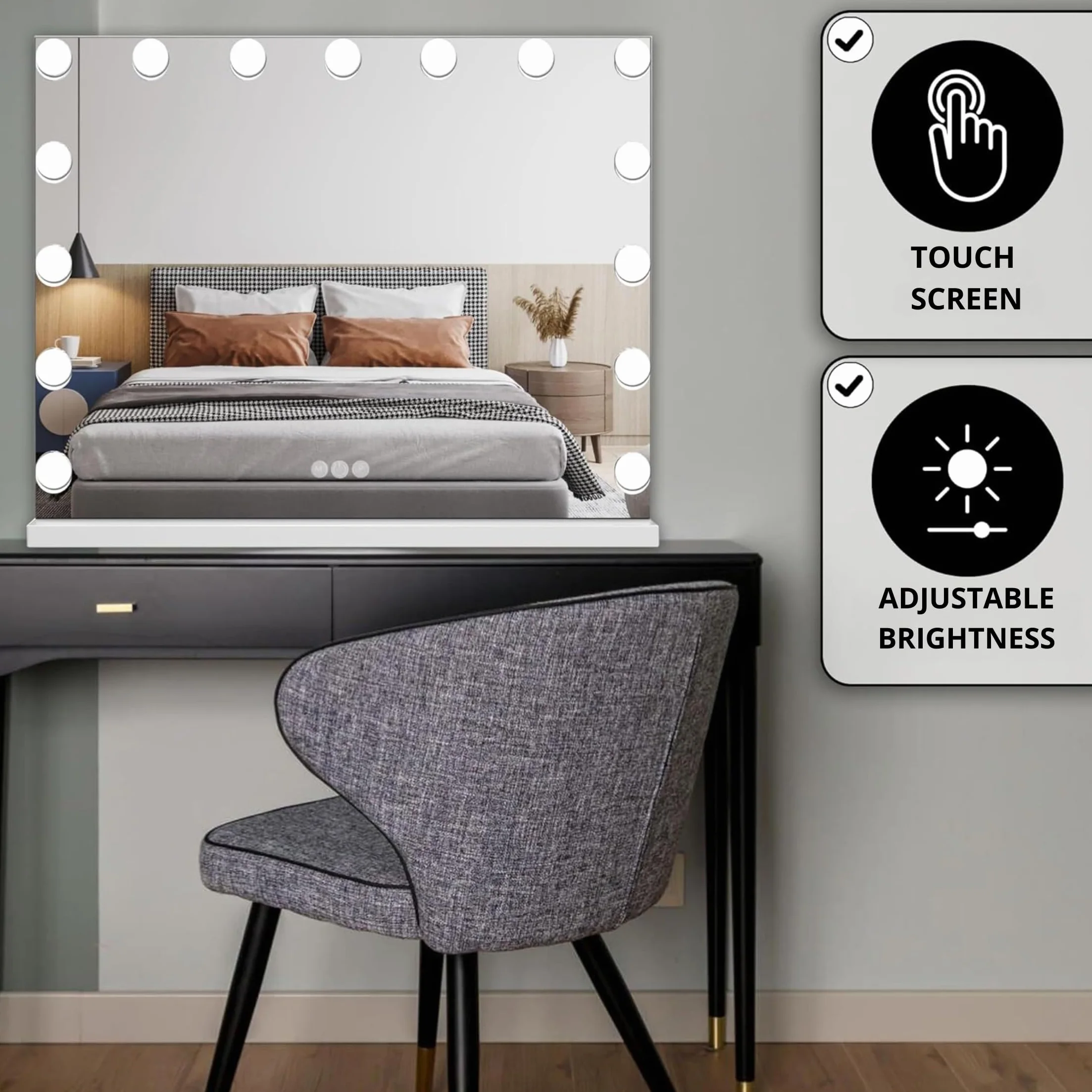 Bayt Lustro do Makijażu LED – Lustro Hollywood z Podświetleniem – Ściemnialne – 3 Kolory Światła – Ekran Dotykowy – 58x46 cm – Białe