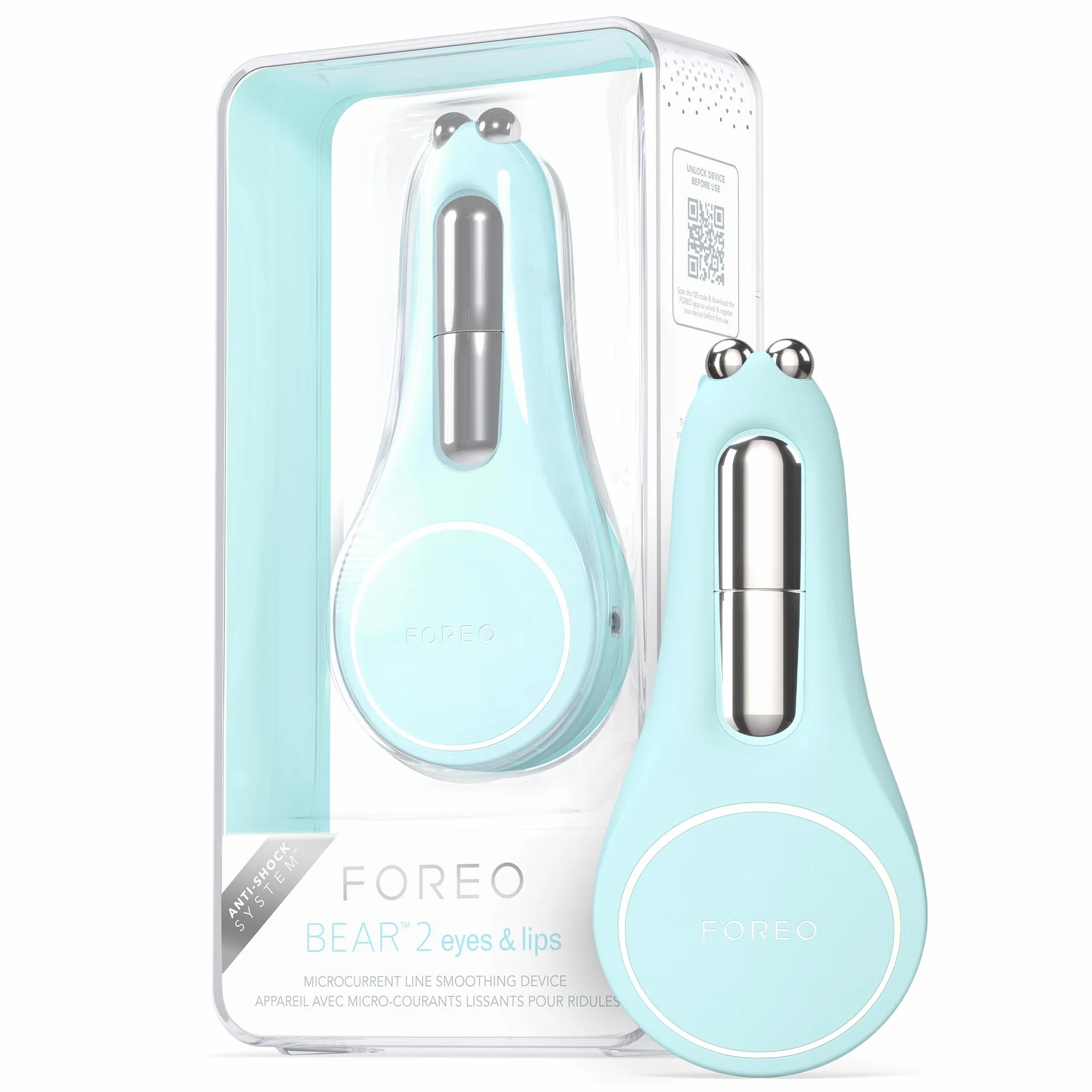 Foreo Bear 2 Eyes & Lips, mikroprądowe urządzenie przeciwzmarszczkowe, masażer oczu, podnoszenie brwi, powiększanie ust i cienie, niebieski Arctic Blue