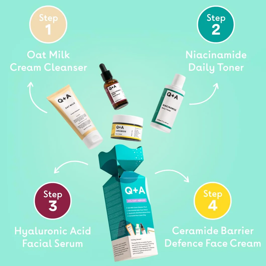 Zestaw prezentowy Q+A Holiday Heroes – 4-etapowy program z Oat Milk Cleanser, Niacinamide Toner, Hyaluronic Acid Serum, Ceramide Face Cream – Wegański, Nietestowany na zwierzętach