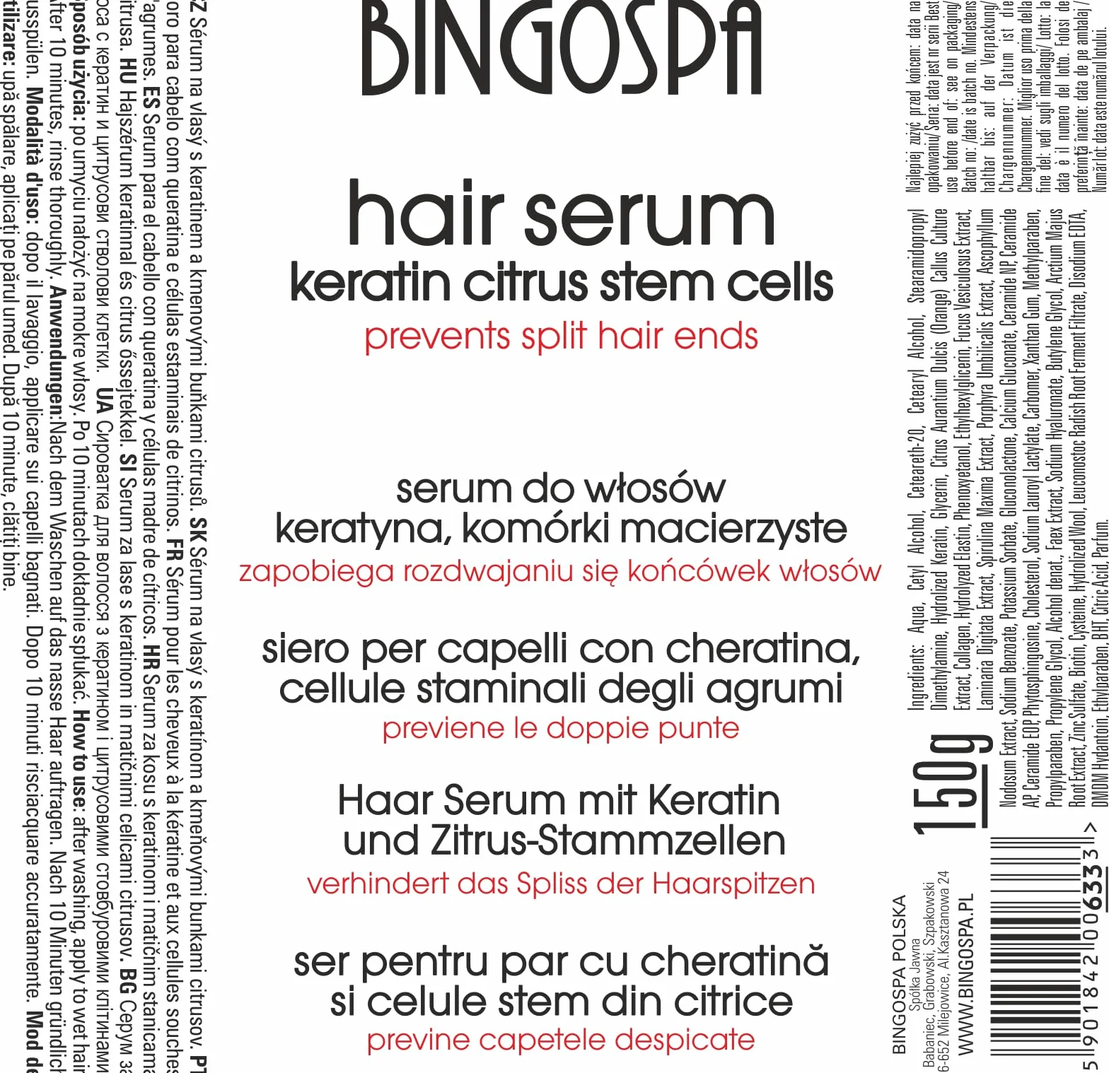 Serum do włosów z keratyną i cytrusowymi komórkami macierzystymi 150 g BINGOSPA