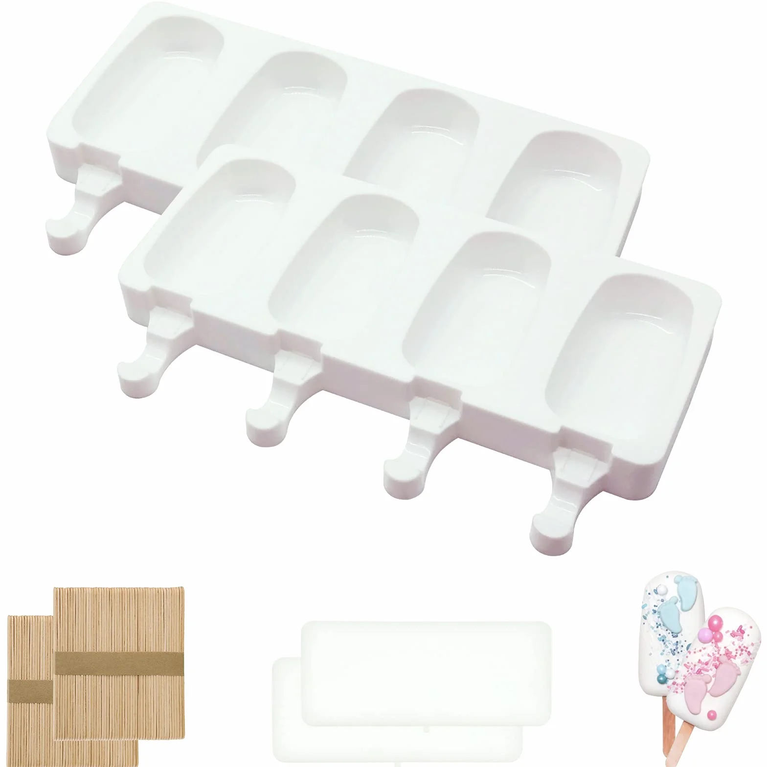 MARUKO Formy do lodów na patyku, silikonowa forma do lodów i lodów, forma do ciastek z 2 pokrywkami i 100 drewnianymi patyczkami do lodów DIY (4 wnęki, biała)