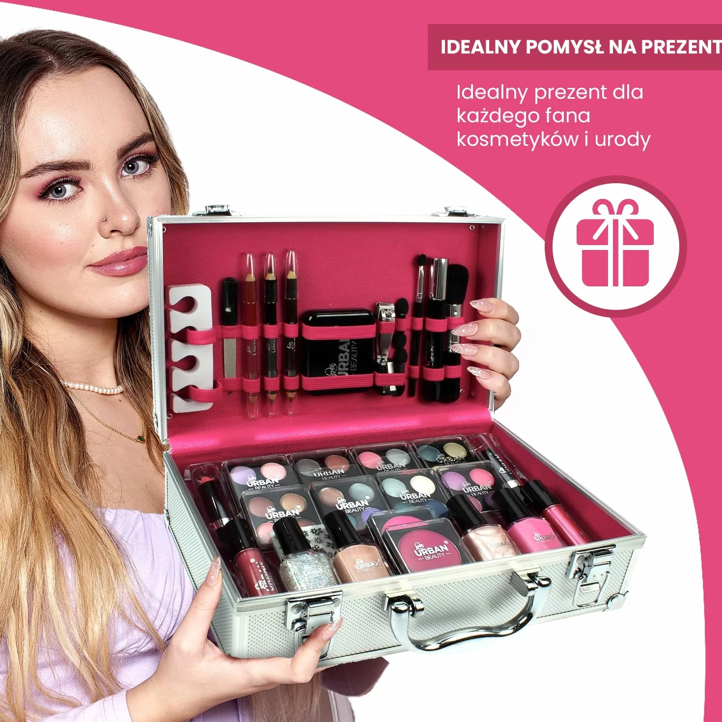 LOVE URBAN BEAUTY Wegańskie Olśniewające etui do makijażu – 60-częściowy zestaw do makijażu i paznokci dla nastolatków – Eleganckie srebrne pudełko – Kompaktowy i lekki design