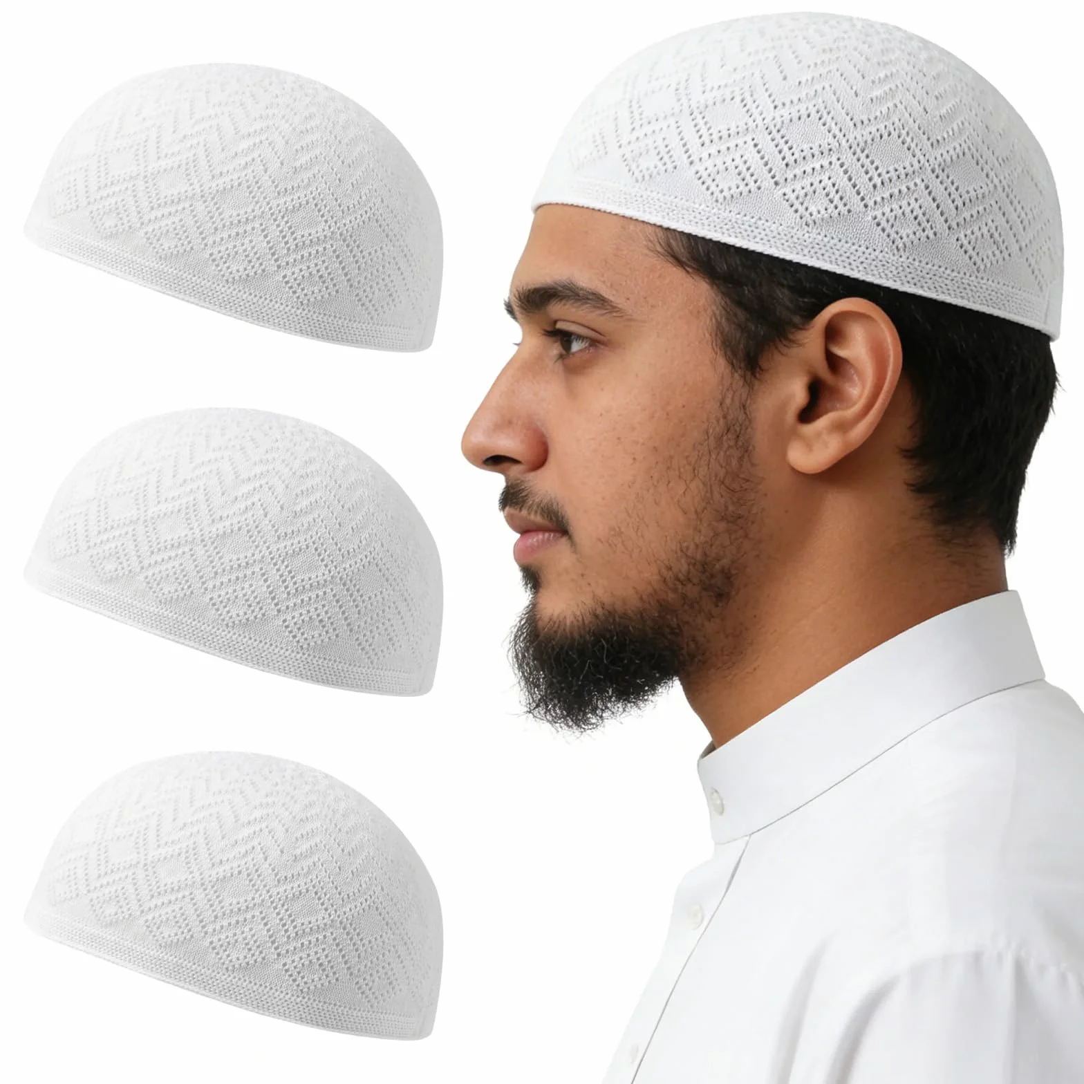Muzułmańska czapka męska Kufi, 3 sztuki, czapka modlitewna z bawełny, biała, obwód głowy 55-59 cm, taqiyah Kufi Cap z kwadratowym wzorem, lekka, oddychająca czapka z daszkiem