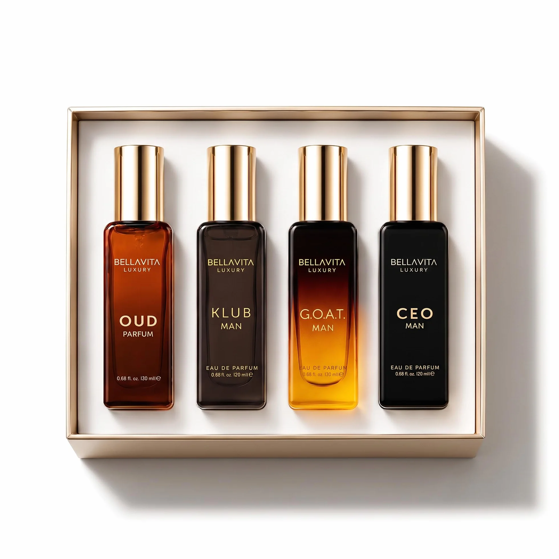 Bella Vita Luxury Długotrwały zestaw upominkowy perfum dla mężczyzn, 4 x 20 ml, prezenty dla mężczyzn, drzewny, cytrusowy, oud, zapach premium | KLUB, OUD, CEO, G.O.A.T