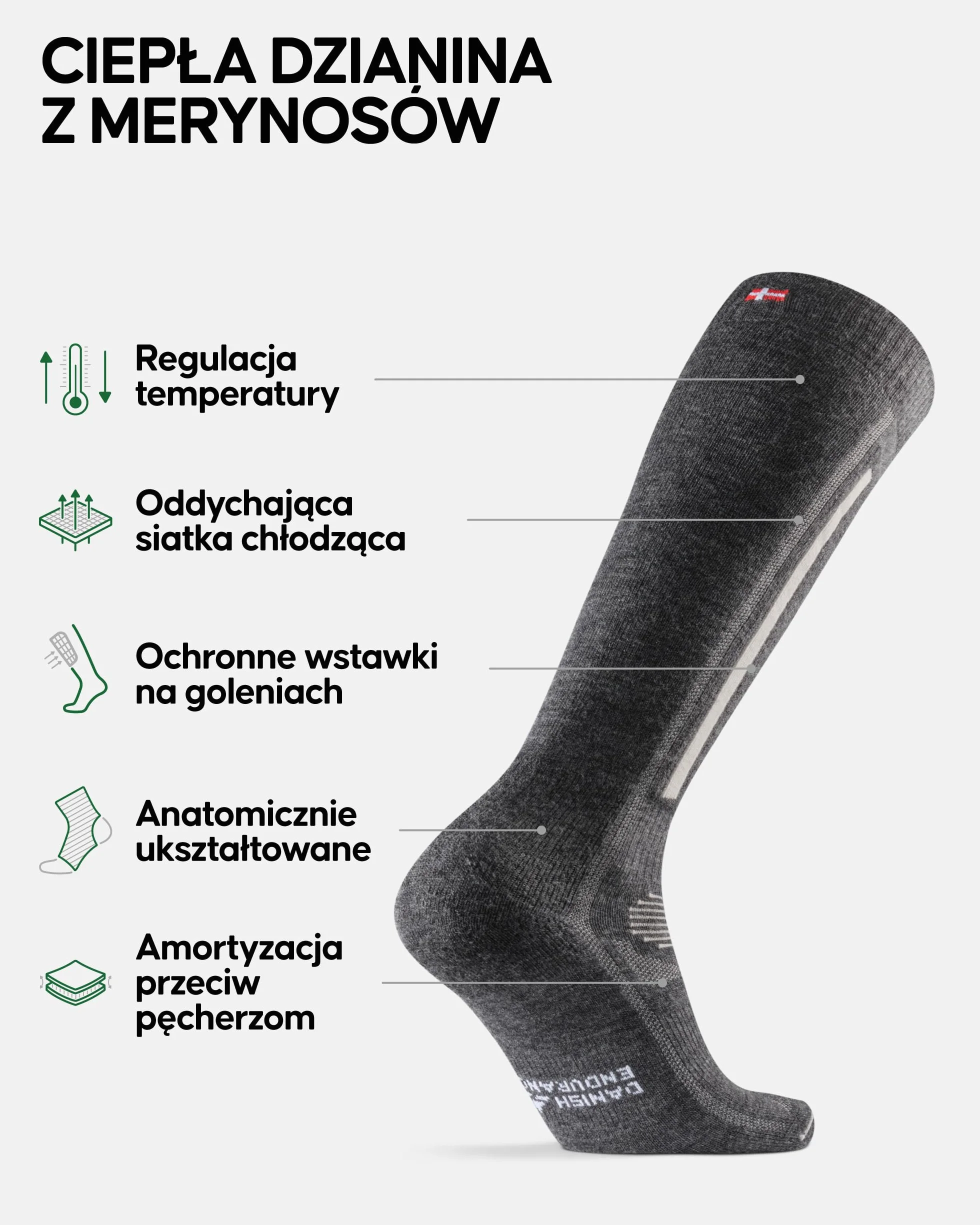 DANISH ENDURANCE Termiczne Skarpetki Narciarskie z Wełny Merino, Ochraniacz Piszczeli, Ciepłe, dla Mężczyzn i Kobiet, 1-Pak