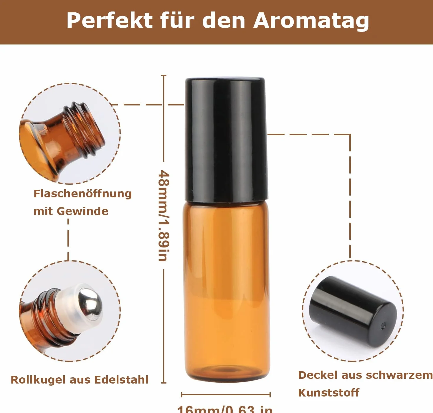 Brązowe szklane butelki Roll-on 5 ml z wałkiem na olejki eteryczne
