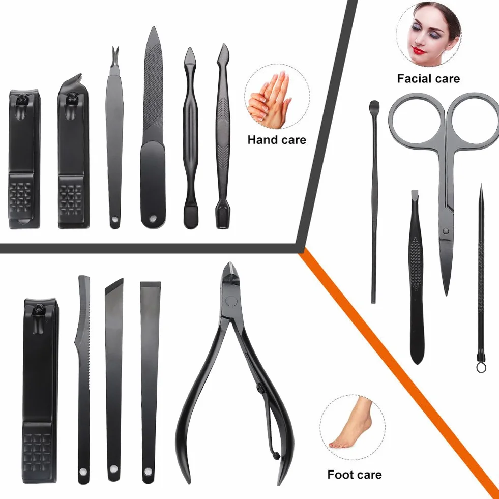 Manicure Pedicure Kit Professional Nail Clippers Set Stainless Steel 15Pcs Black PU Leather Case Red