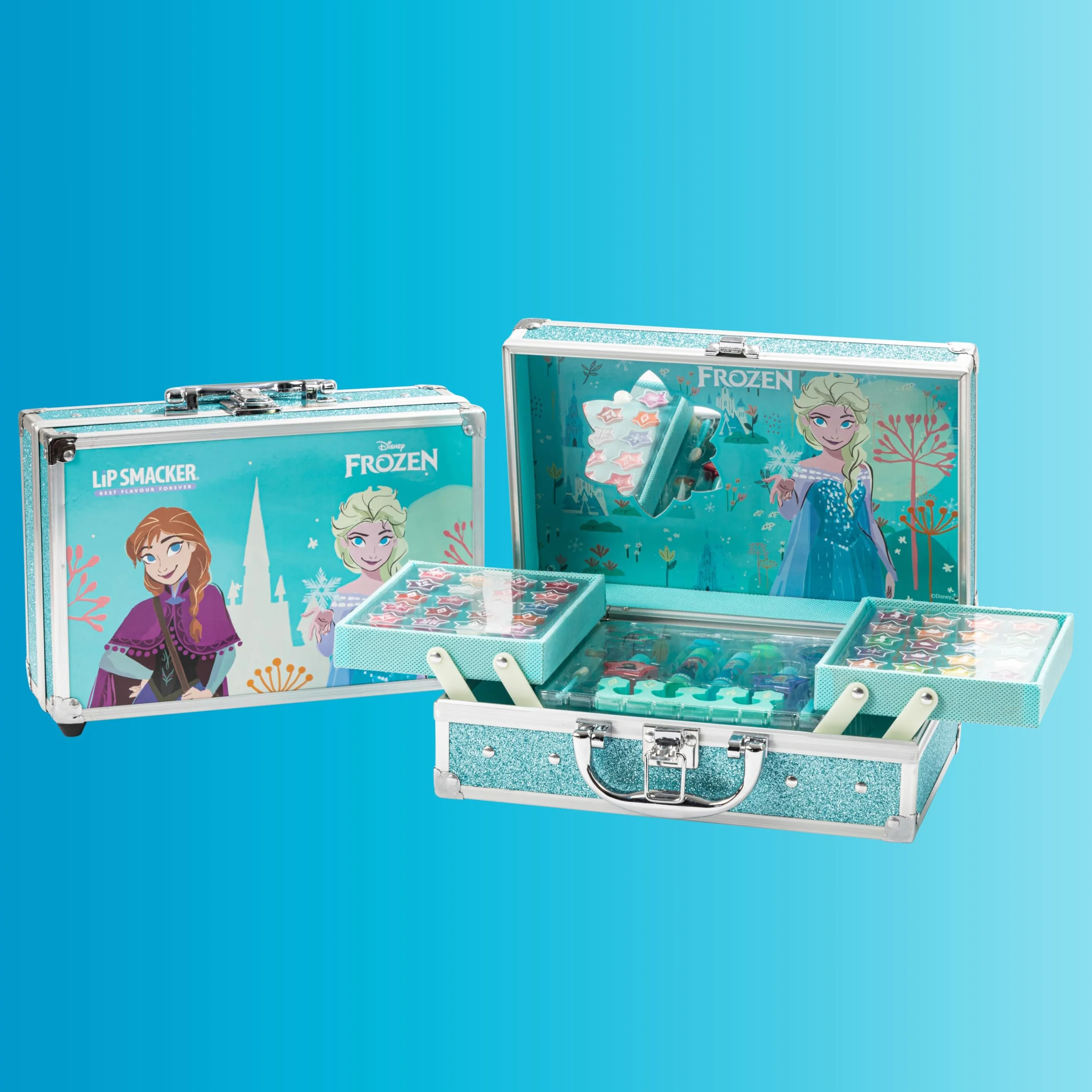 Lip Smacker Frozen Traincase, Walizka z Kosmetykami Kraina Lodu dla Dzieci, 40+ Elementów Makijażowych do Twarzy, Ust i Paznokci, w Tym Akcesoria Kosmetyczne do Włosów i Makijażu