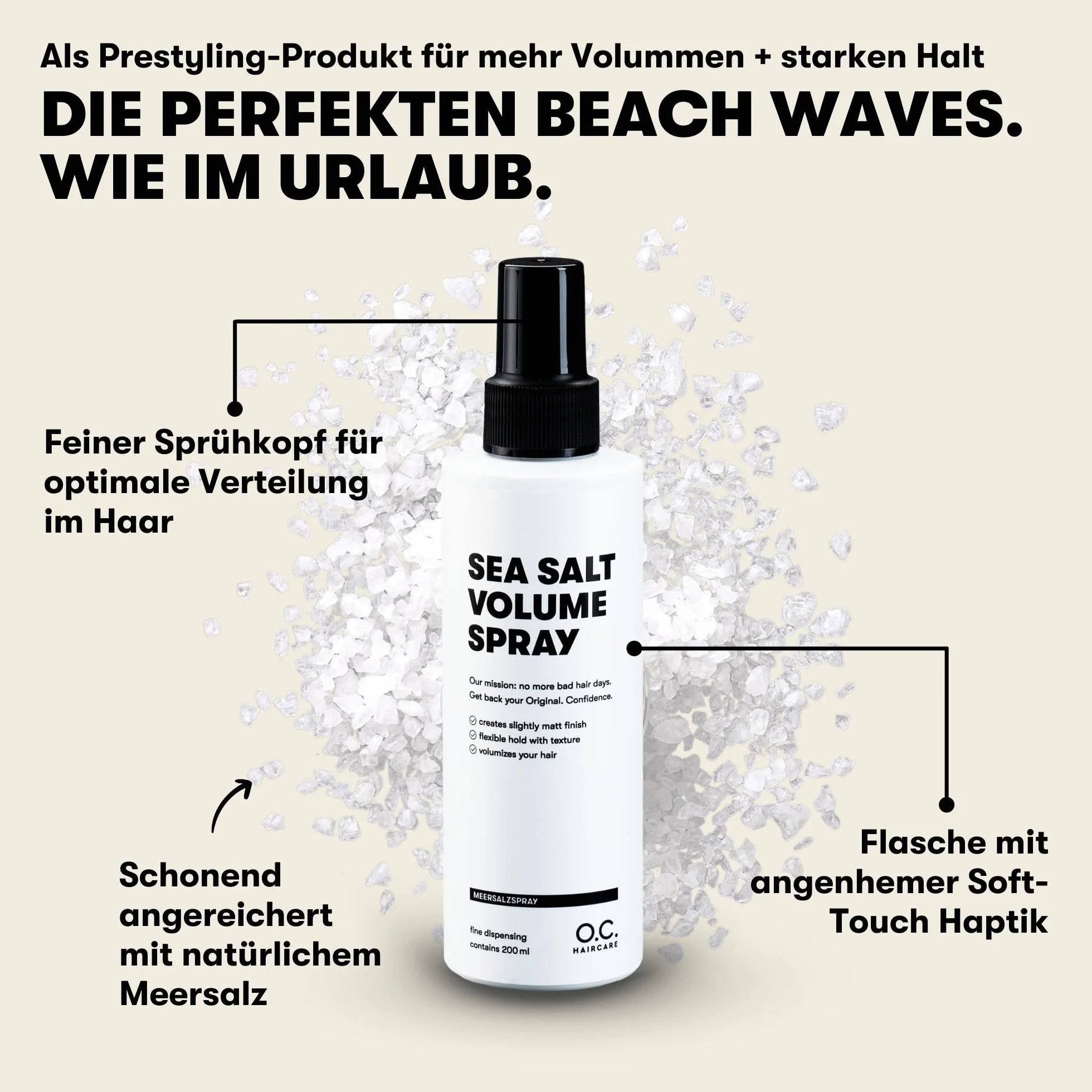 O.C. HAIRCARE Sól morska w sprayu do włosów – 30 dni testowania bez ryzyka – zwiększenie objętości i wyczucia włosów – 100% wegański