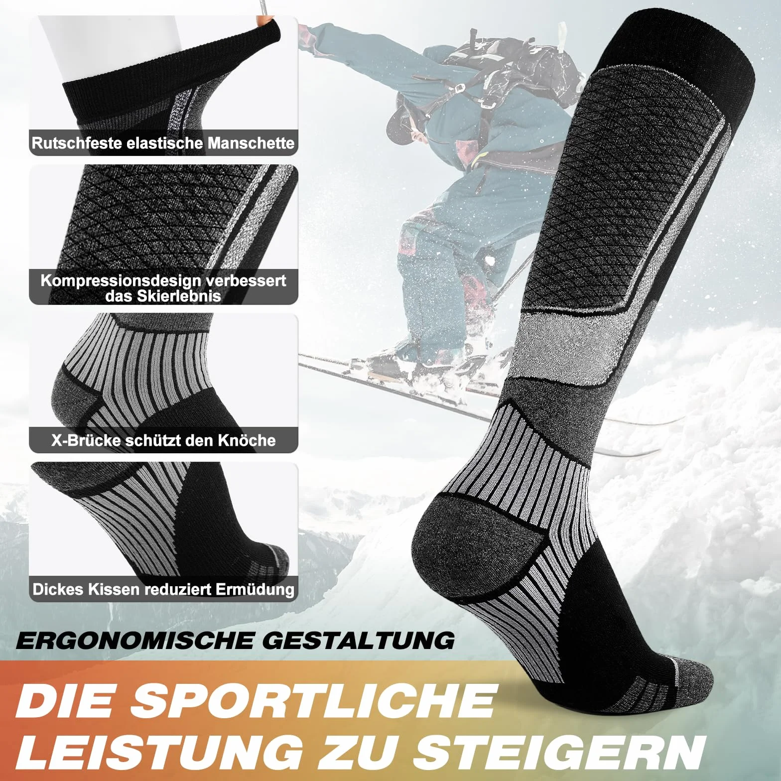 SukModen 2 pary skarpet narciarskich z wełny merynosów dla mężczyzn, kobiet i młodzieży, grube termiczne skarpety do narciarstwa i snowboardu, rozmiar 35–50