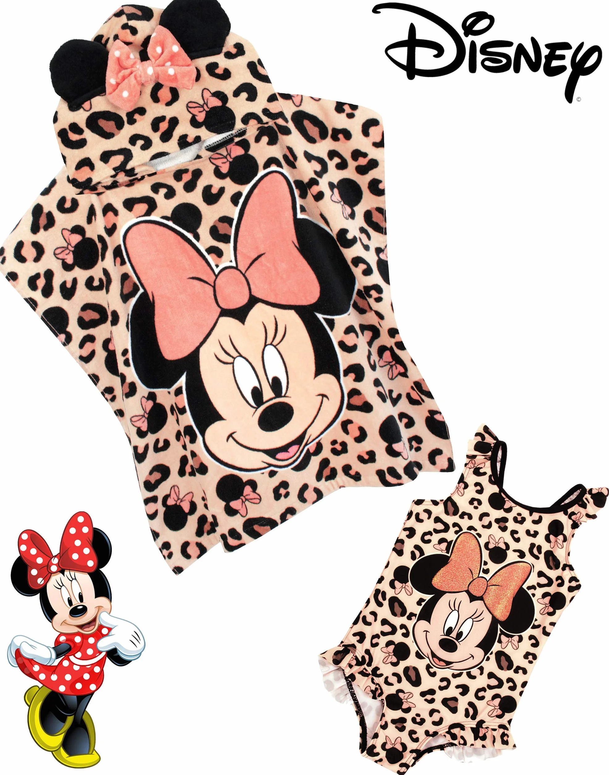 Disney Kostium kąpielowy i ręcznik z kapturem zestaw poncho Minnie Mouse Girl