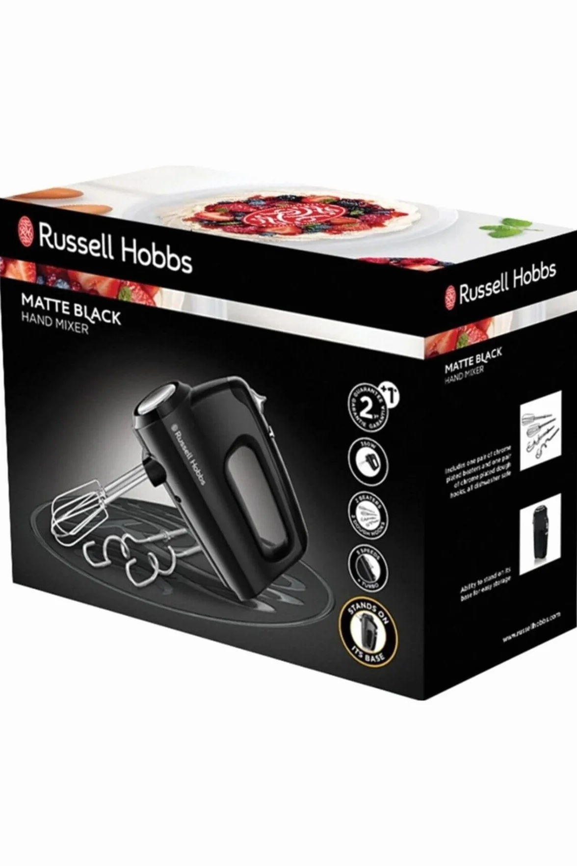 Russell Hobbs mikser ręczny, 5 ustawień prędkości + pulsacyjna, chromowane końcówki, ubijanie i ugniatanie ciasta, możliwość ustawienia na podstawie, moc 350W, czarny, Desire 24672-56