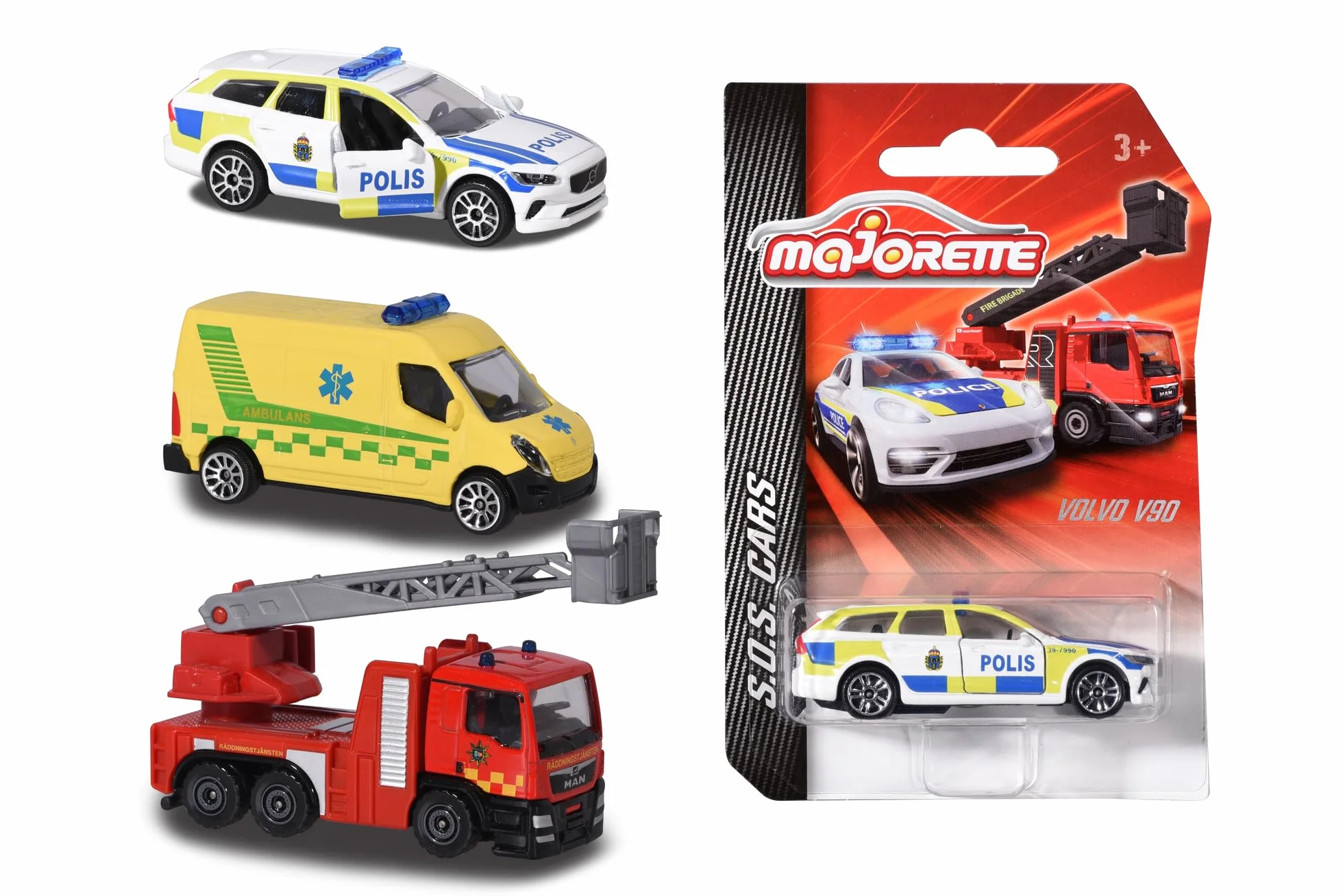 Majorette 212057182033 Szwedzkie pojazdy ratownicze Szwedzki pojazd ratowniczy, dostępny jako samochód strażacki, samochód policyjny Volvo V90 lub pogotowie ratunkowe, 7,5 cm, od 3 lat (asortyment)
