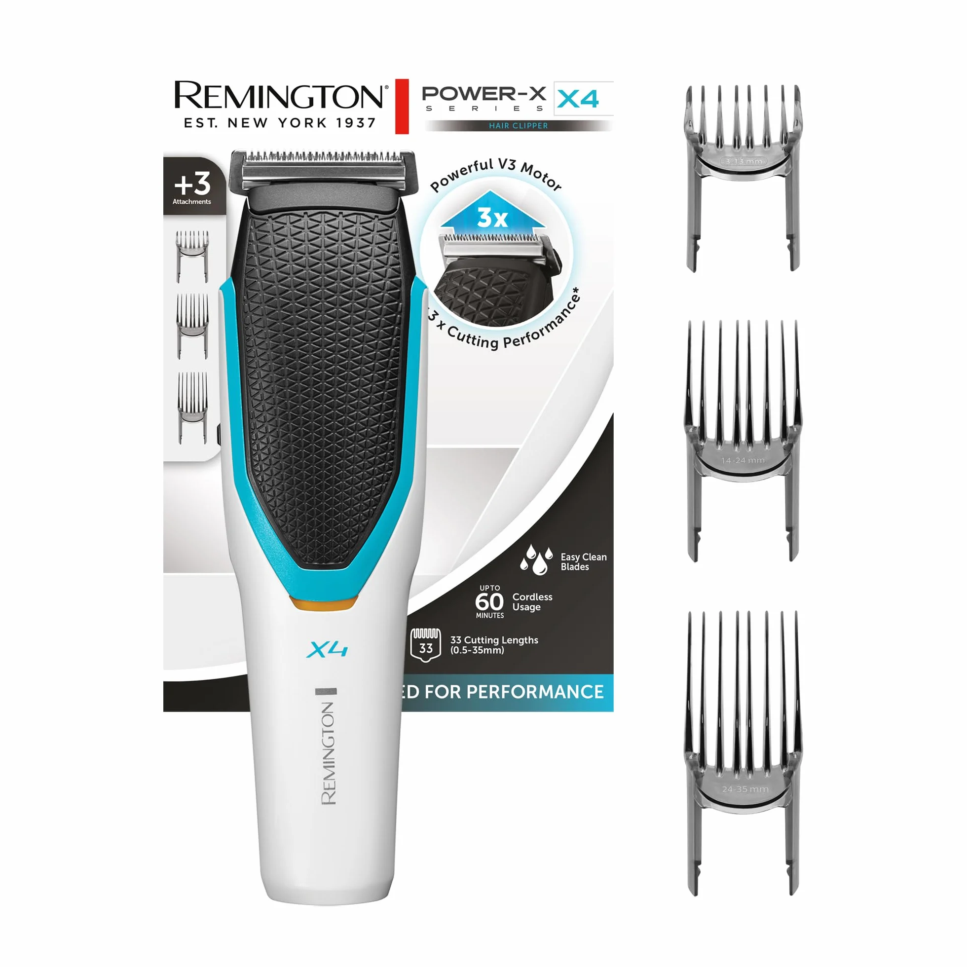 Remington maszynka do włosów, strzyżarka, ostrza ze stali japońskiej, odstępy co 1mm, min. długość 0.5m, 2 nakładki grzebieniowe 3-35mm, bezprzewodowa, olejek i szczoteczka, biała, Power-X X4 HC4000