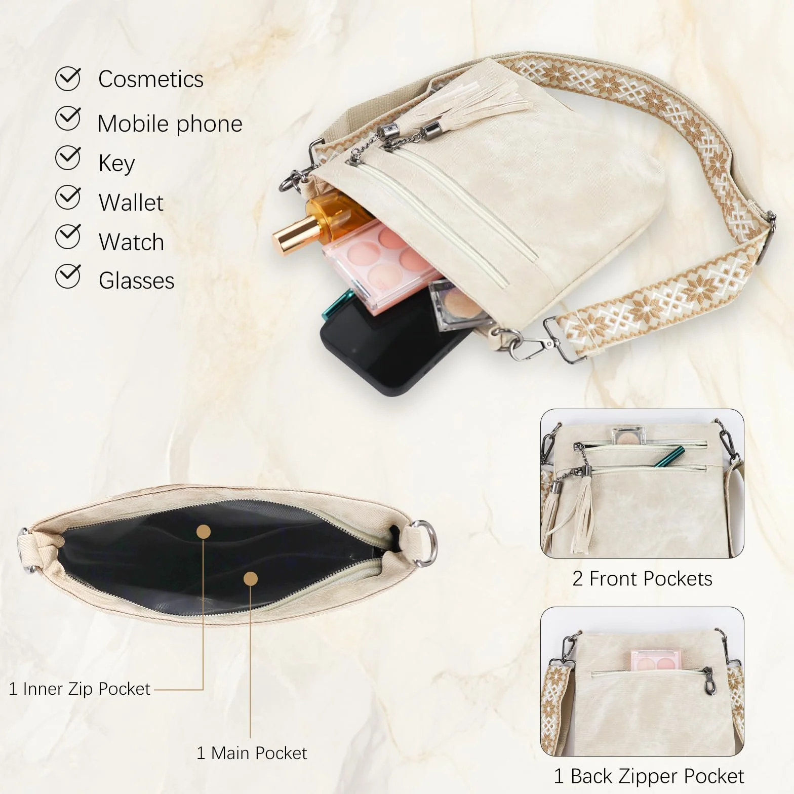 AfitLulu 4 kieszenie Crossbody Bag damska torba na ramię z zamkiem błyskawicznym z frędzlami, modna damska torba na ramię ze sztucznej skóry, z odpinanymi i regulowanymi paskami na ramiona
