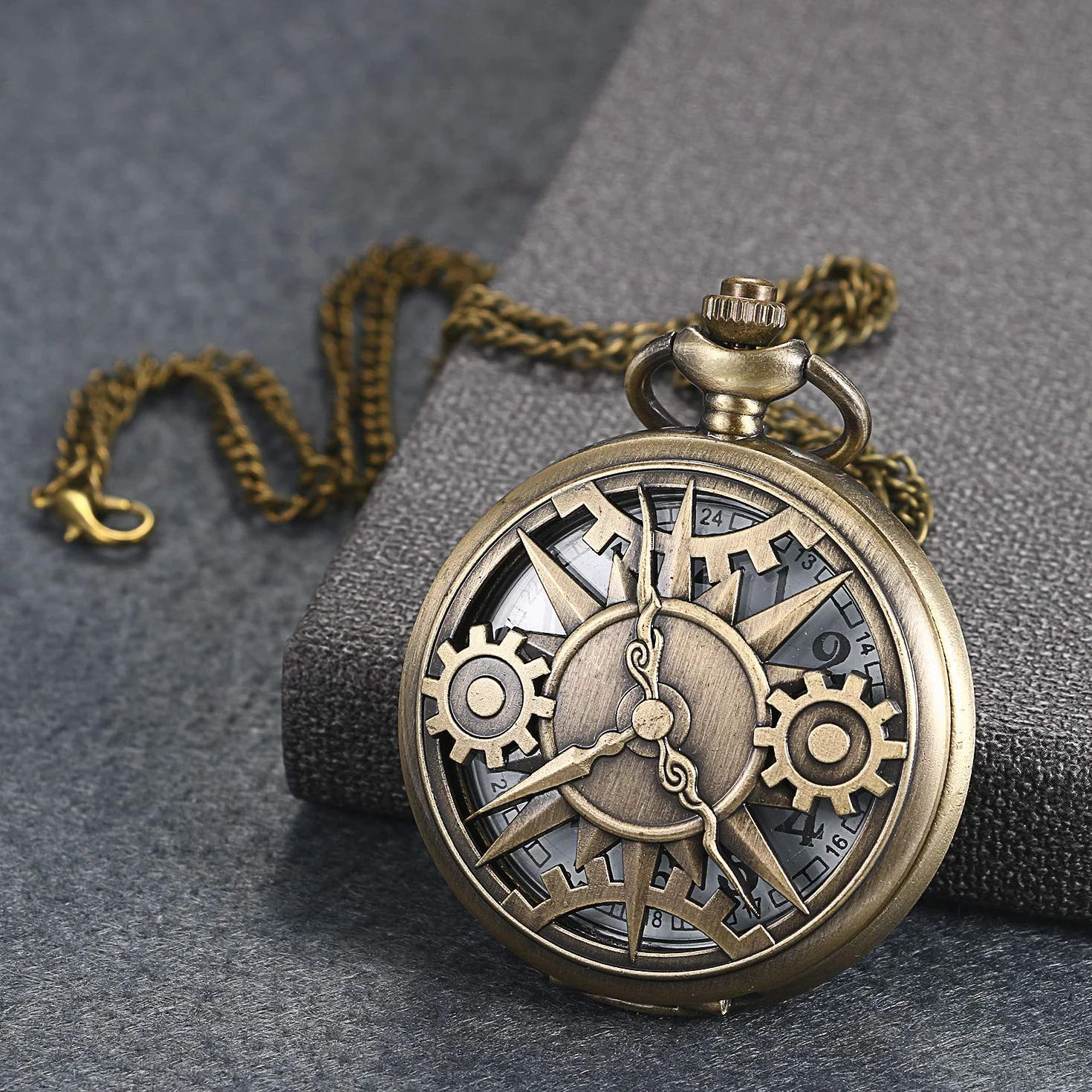 JewelryWe Prezent na Dzień Ojca, zegarek kieszonkowy, męski, retro, koło zębate, czaszka, rzymskie cyfry, znak zodiaku, mapa świata, analogowy, kwarcowy, wisiorek z łańcuszkiem, łańcuszkiem, brąz,