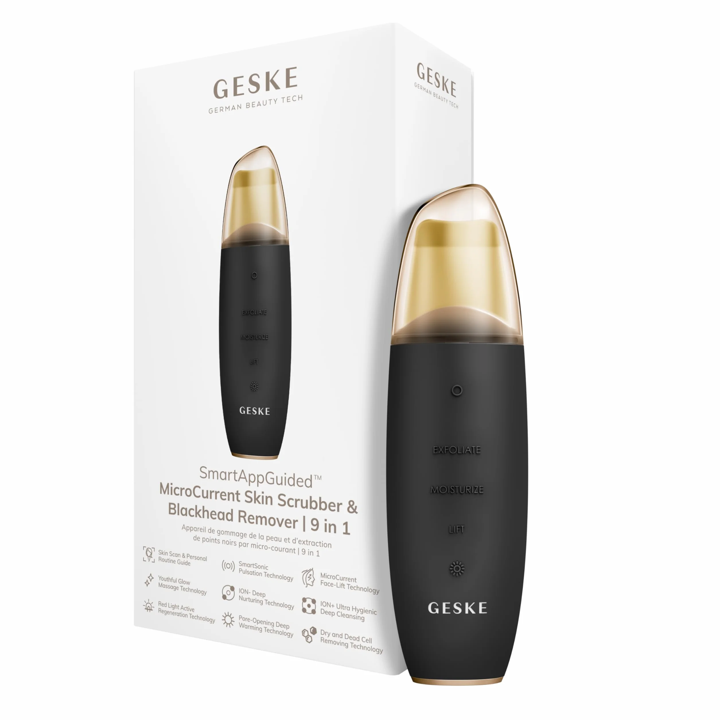 GESKE | SmartAppGuided™ Mikroprądowy peeling do skóry i usuwanie zaskórników | 9 w 1 | Narzędzia do pielęgnacji skóry | Czyszczenie twarzy | Działanie przeciwstarzeniowe i oczyszczanie