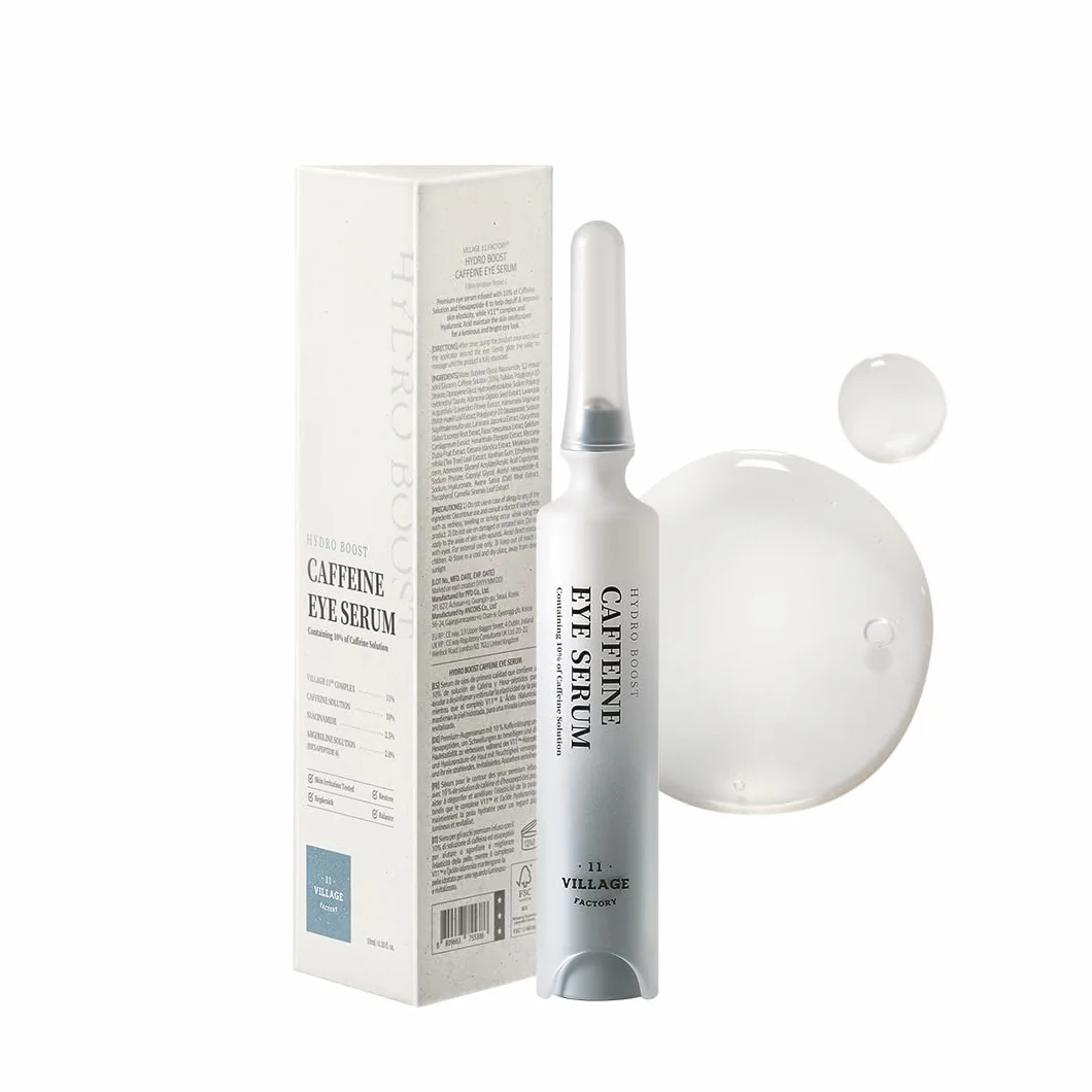 VILLAGE 11 FACTORY Serum pod oczy z kofeiną (10 ml) 10% roztworem kofeiny, efekt botoksu z heksapeptydem-8, niacynamidem, przeciwzmarszczkowe i podkrążone oczy Hydro Boost Caffeine Eye Serum