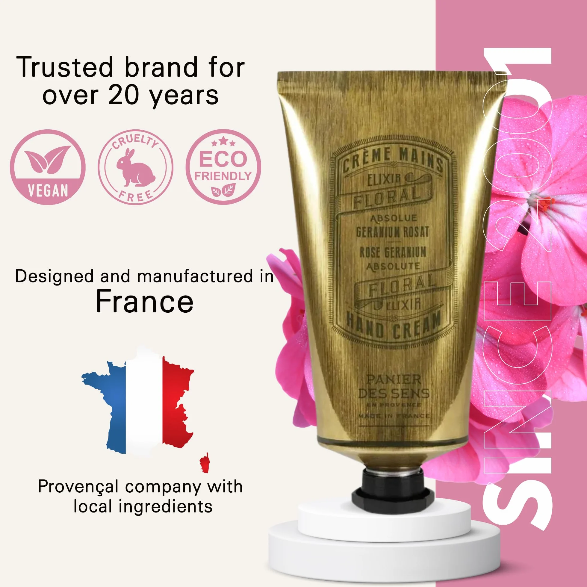 Panier des Sens Krem do rąk na suche popękane dłonie - Balsam do rąk z różaną geranium z oliwą i olejem migdałowym - Witamina E krem nawilżający do skóry z 97% naturalnymi składnikami - wyprodukowano