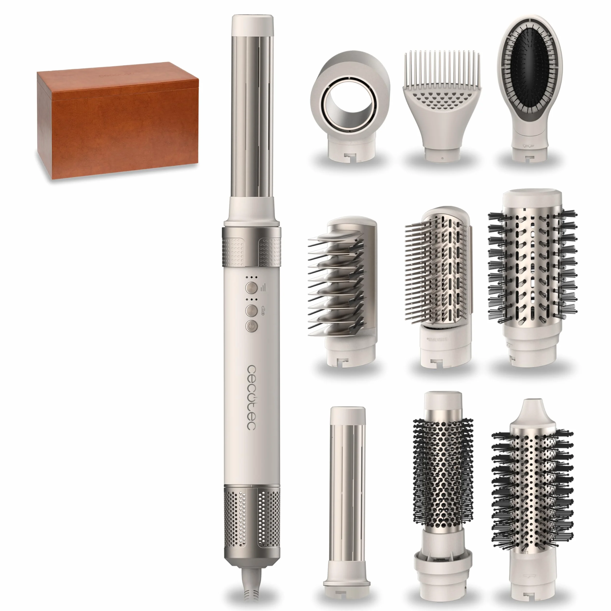 Cecotec Szczotka do gorącego powietrza Suszarka do prostowania - 10 głowic - technologia Coanda CeramicCare 10in1 AirGlam Champagne. 1400W, silnik cyfrowy, eliminuje puszenie, 3 temperatury