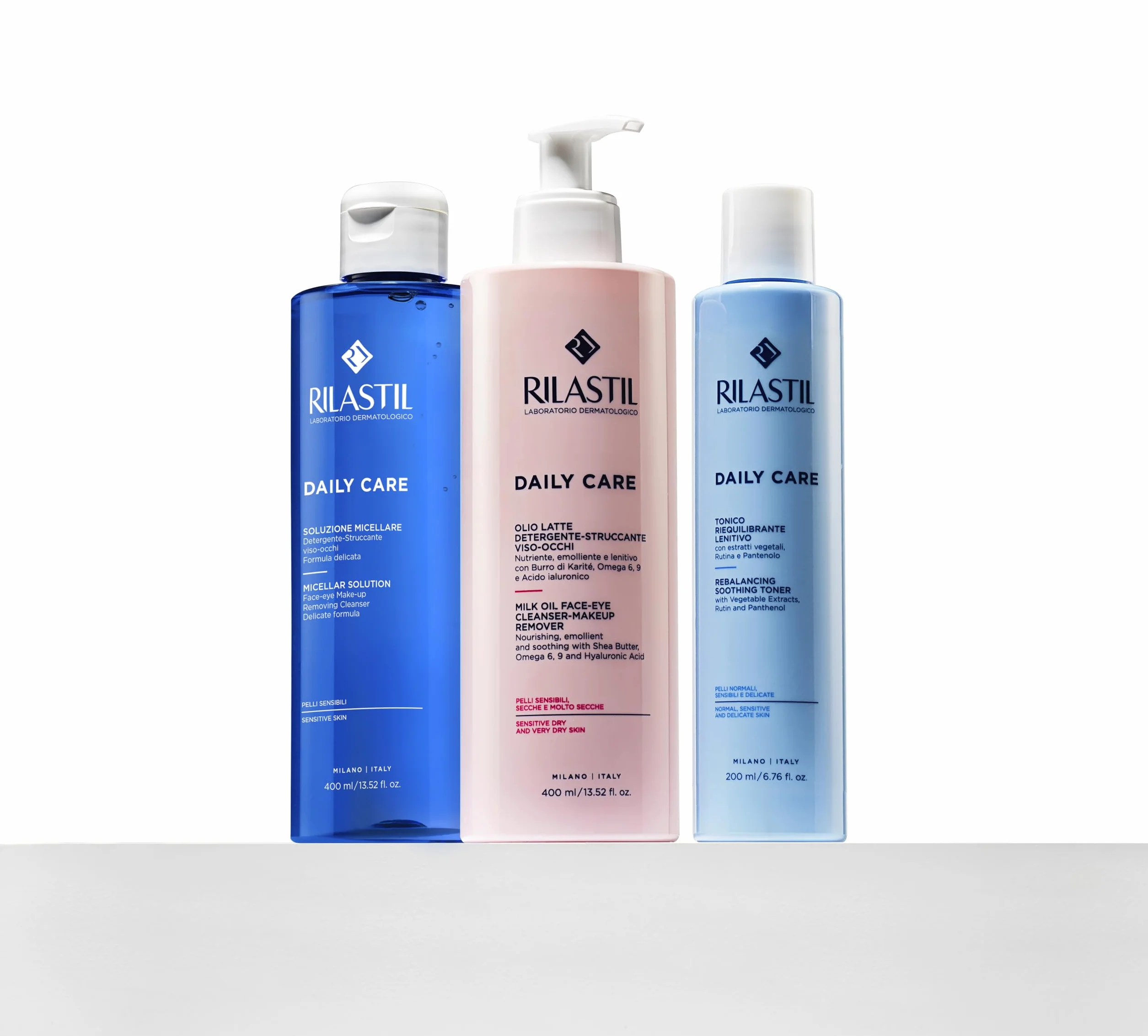 Rilastil Codzienna pielęgnacja twarzy i oczu Olejek do oczyszczania mleka, pielęgnujący środek czyszczący dla wrażliwej i suchej skóry, Soothing and Soothing with Shea Butter, Hyaluronic acid, 400 ml