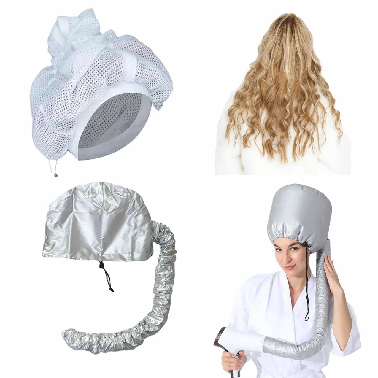 Suszarka do włosów z kapturem, siatka 2 w 1, do suszenia kręconych włosów, ulepszone czepki do suszenia, zestaw czepków prysznicowych do suszenia kręconych włosów, głęboka stylizacja (srebrny +