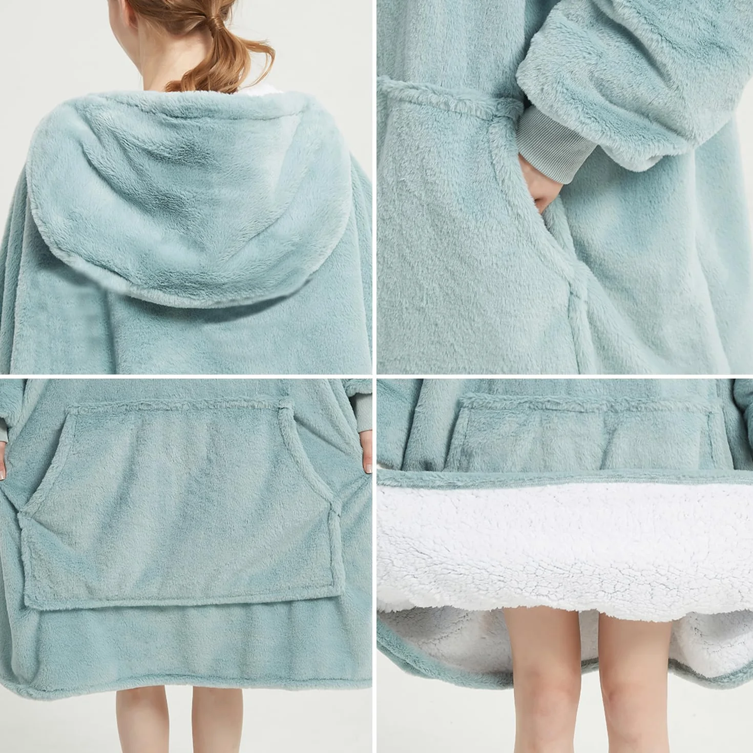 Lanqinglv Koc pod TV z rękawami i kieszenią na stopy, koc z kapturem, oversized, damski / męski sweter z kapturem, puszysty koc na sofę, ciemnoniebieski, koc polarowy Teddy Cashmere Touch
