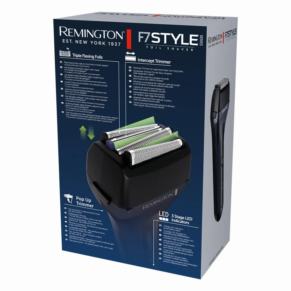 Remington Golarka elektryczna F7, golarka foliowa, bezprzewodowa, na mokro i na sucho, 100% wodoodporna, wysuwany trymer, folie Tri-flex, USB-C, czas pracy 80min, ładowania 120min, Style Series F7000