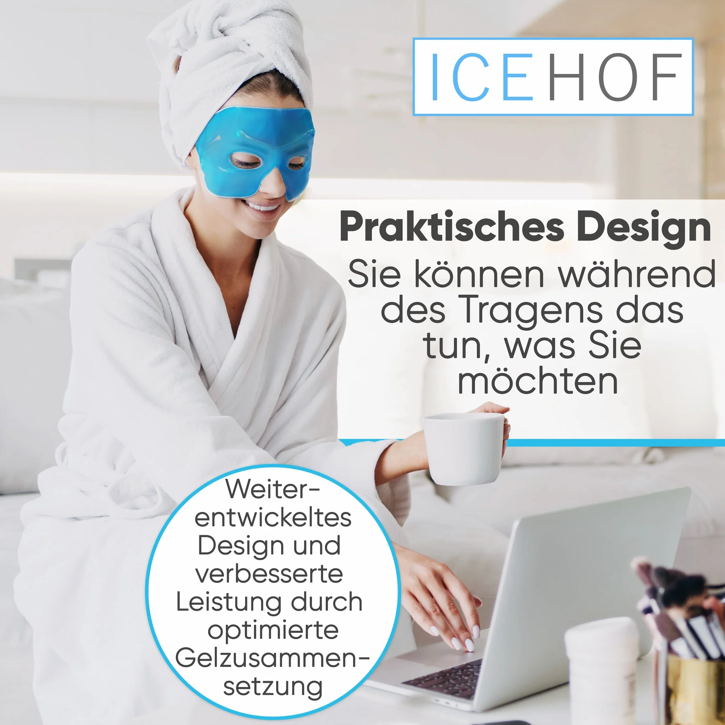 ICEHOF Chłodząca maska na oczy – przyjemny materiał wierzchni, z workiem do przechowywania, okulary chłodzące z wysokiej jakości żelem – skuteczna od czoła do policzków – migrenowa maska chłodząca na