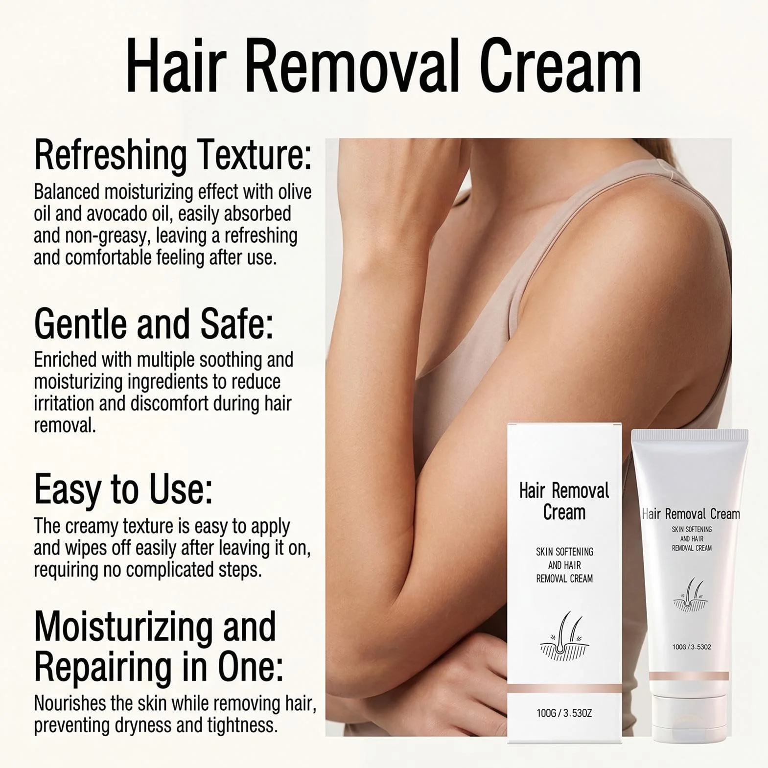 Hair Removal Cream - Gentle Nourishing Depilatory, Hydrating Skin Smoothing Lotion with Natural Soothing Extracts, Quick Action Formula, Ideal for Sensitive Skin Daily Care