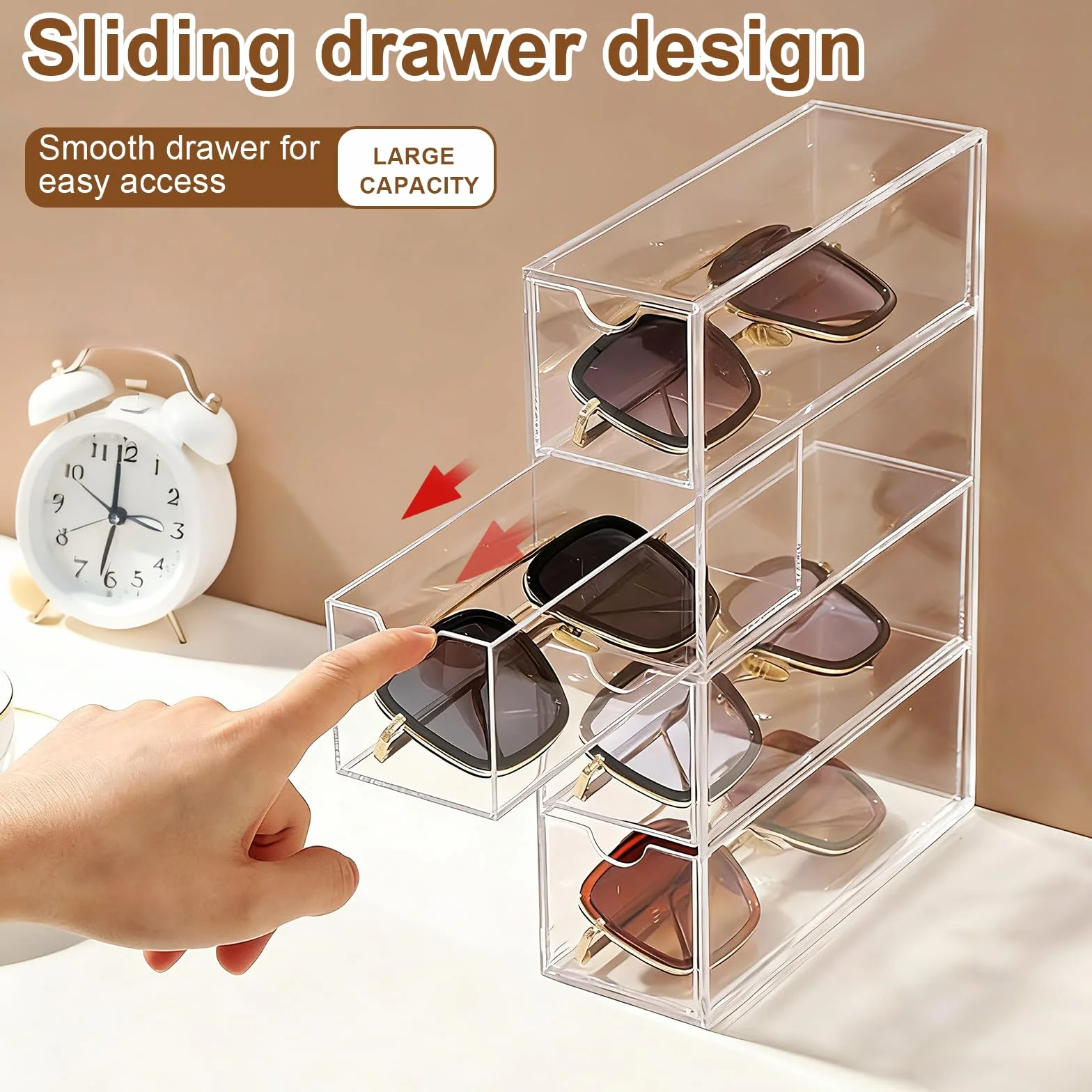 Akrylowy organizer na okulary, 6,5 x 17,5 x 24,5 cm przezroczysty organizer na okulary przeciwsłoneczne z 4 szufladami, możliwość układania w stosy, do przechowywania biżuterii i kosmetyków