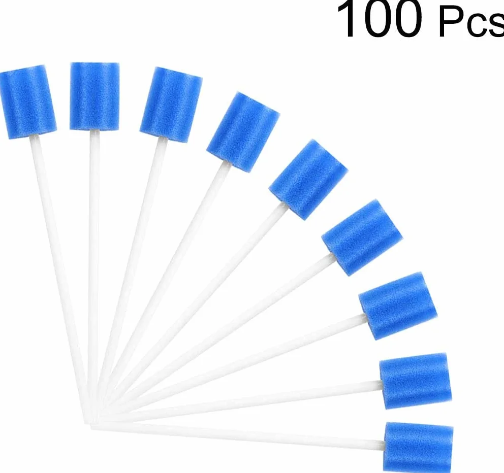 Voarge 100 sztuk patyczków higienicznych do pielęgnacji jamy ustnej, jednorazowe patyczki higieniczne do jamy ustnej, gąbka bawełniana, gąbka do higieny jamy ustnej (niebieskie)