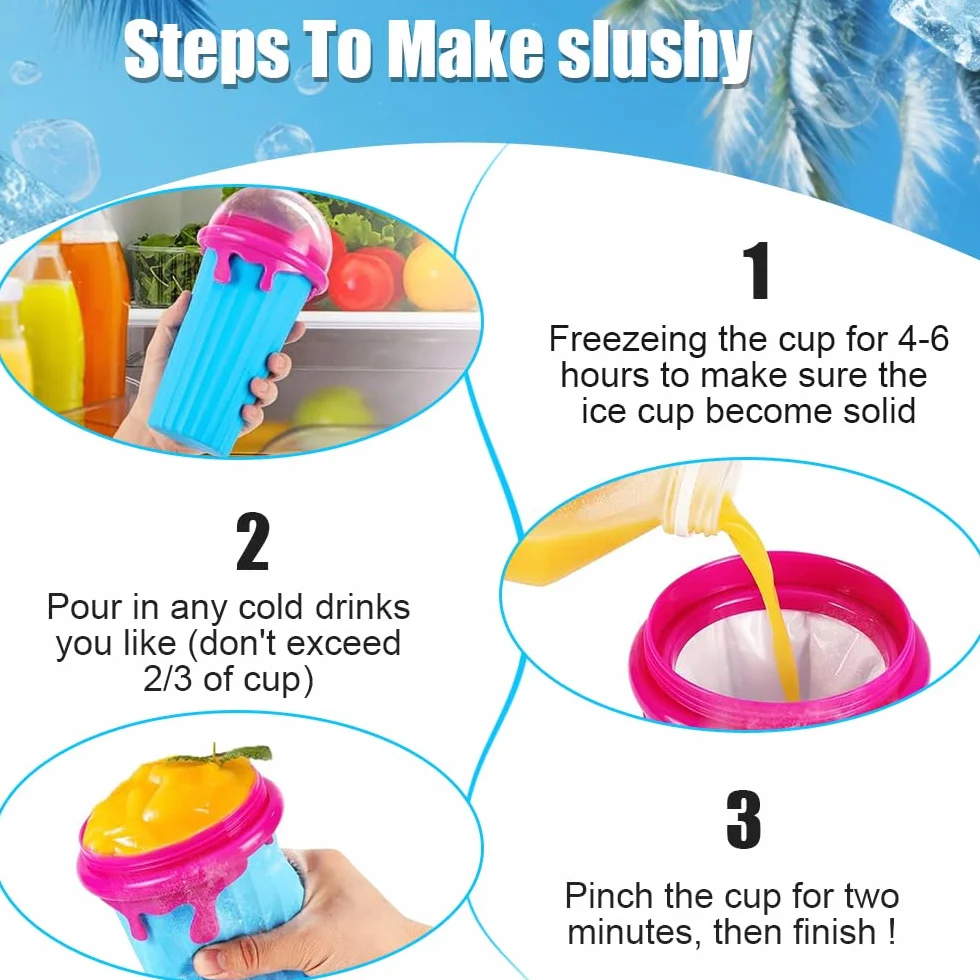 LUFEIS Slushy Maker Cup, 2 szt. 500 ml Frozens Squeeze Cup silikonowy kubek z słomą i łyżką 2 w 1, smoothie DIY Homemade Smoothie Cup, wielokrotnego użytku, dwuwarstwowe smoothie
