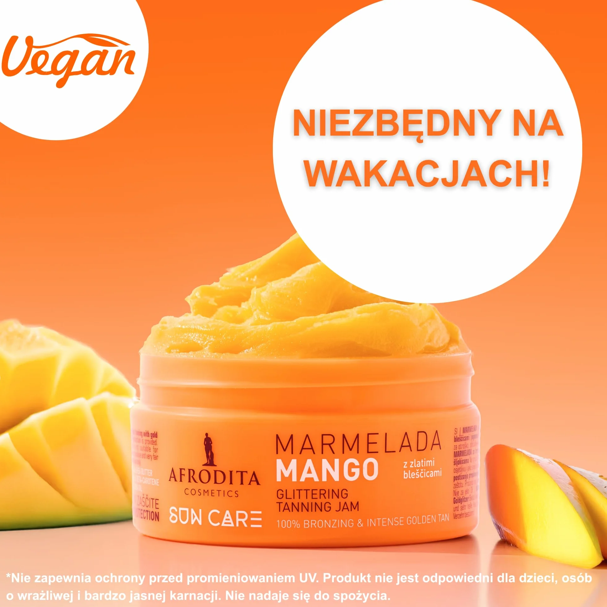 Afrodita Cosmetics Marmelada Mango przyspieszacz opalania – wegański dżem opalający ze złotym brokatem dla szybkiej naturalnej opalenizny – wodoodporny z ekstraktem z marchewki, masłem kakaowym i shea