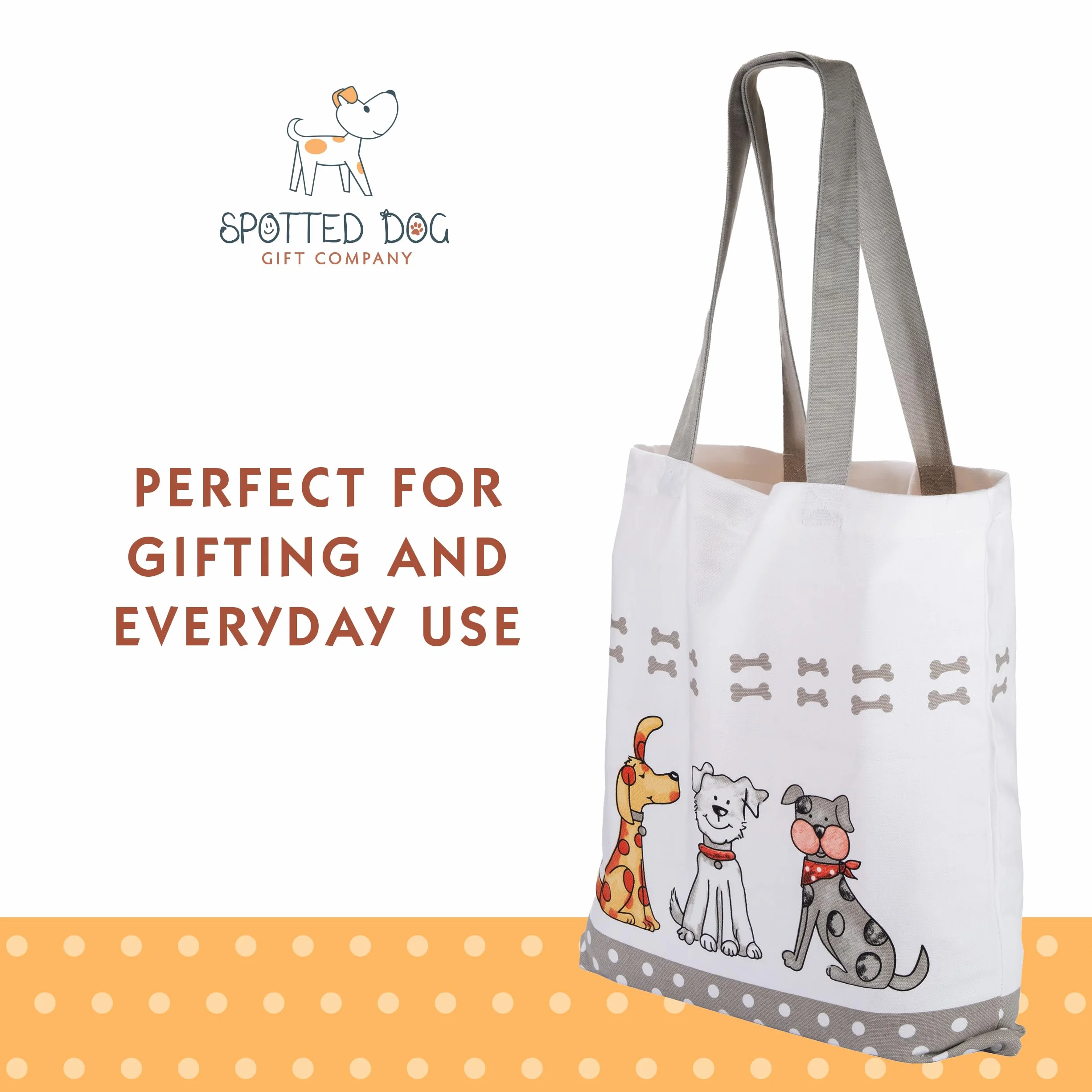 SPOTTED DOG GIFT COMPANY Płócienna torba na zakupy dla kobiet, torba na zakupy wielokrotnego użytku, gruba bawełniana torba na zakupy z długimi uchwytami, Składana z motywem psów 38 x 42 cm