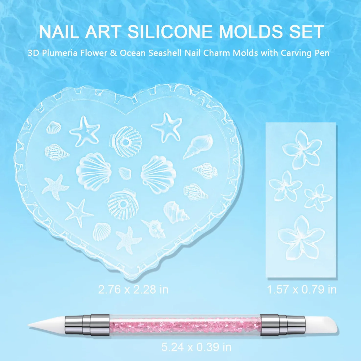 Zestaw silikonowych form do zdobienia paznokci, 3 szt., 3D Plumeria, kwiat i ocean, muszla z długopisem, przezroczyste formy do zdobienia paznokci, narzędzia do manicure, formy para Uñas