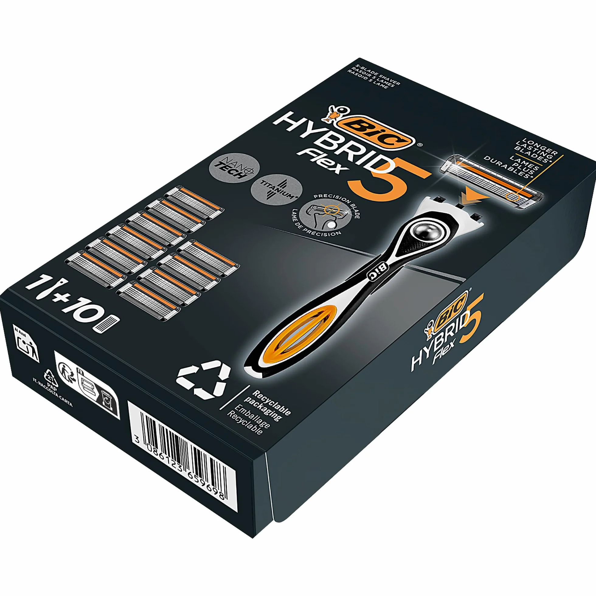 BIC Hybrid 5 Flex Razor dla mężczyzn, 1 uchwyt, 10 wkładów, 5 tytanowych ostrzy Nanotech, precyzyjne ostrze - 1+10 szt