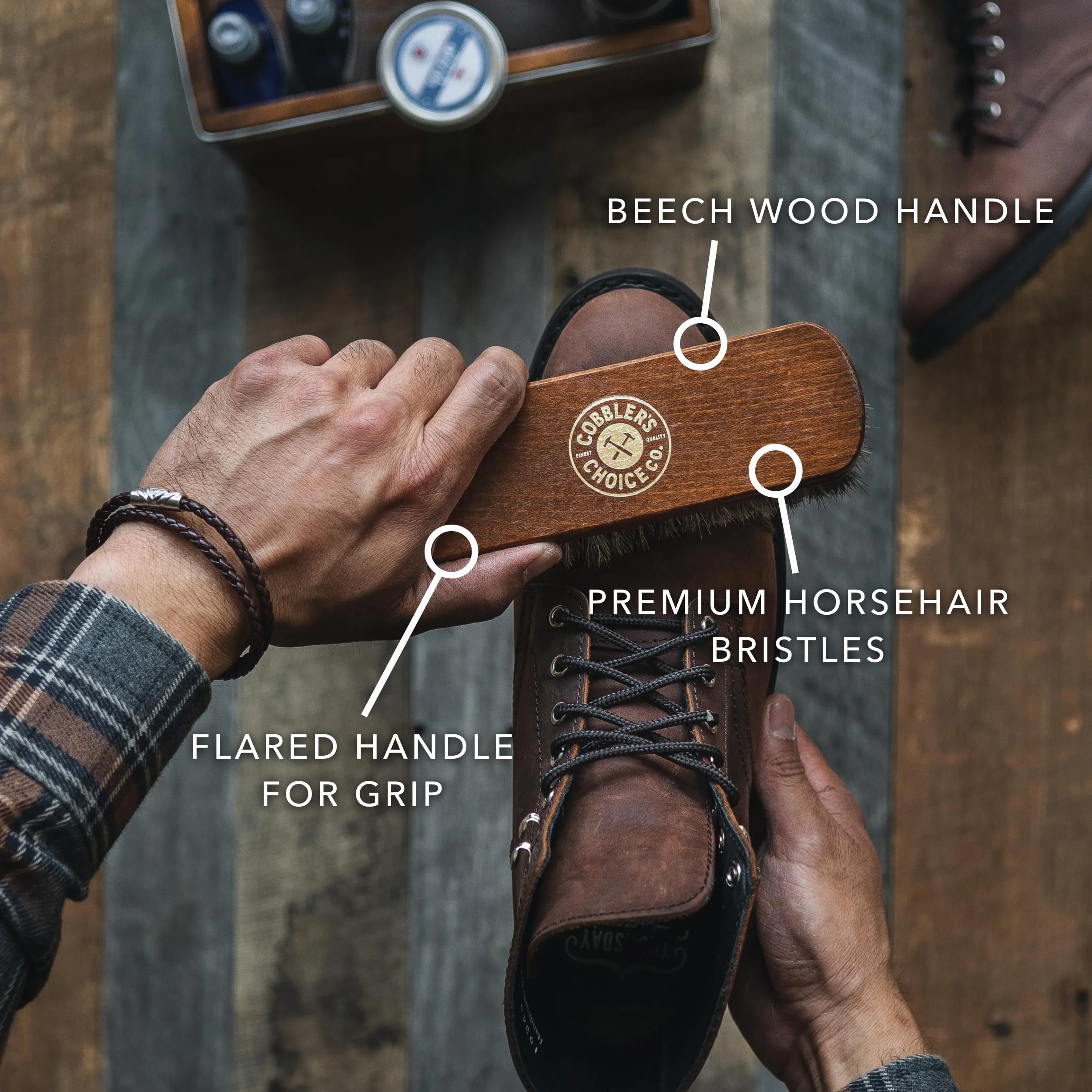 Premium Shoe Brush – szczotka do butów z końskiego włosia – profilowany uchwyt dla wygodnego chwytu, brązowa