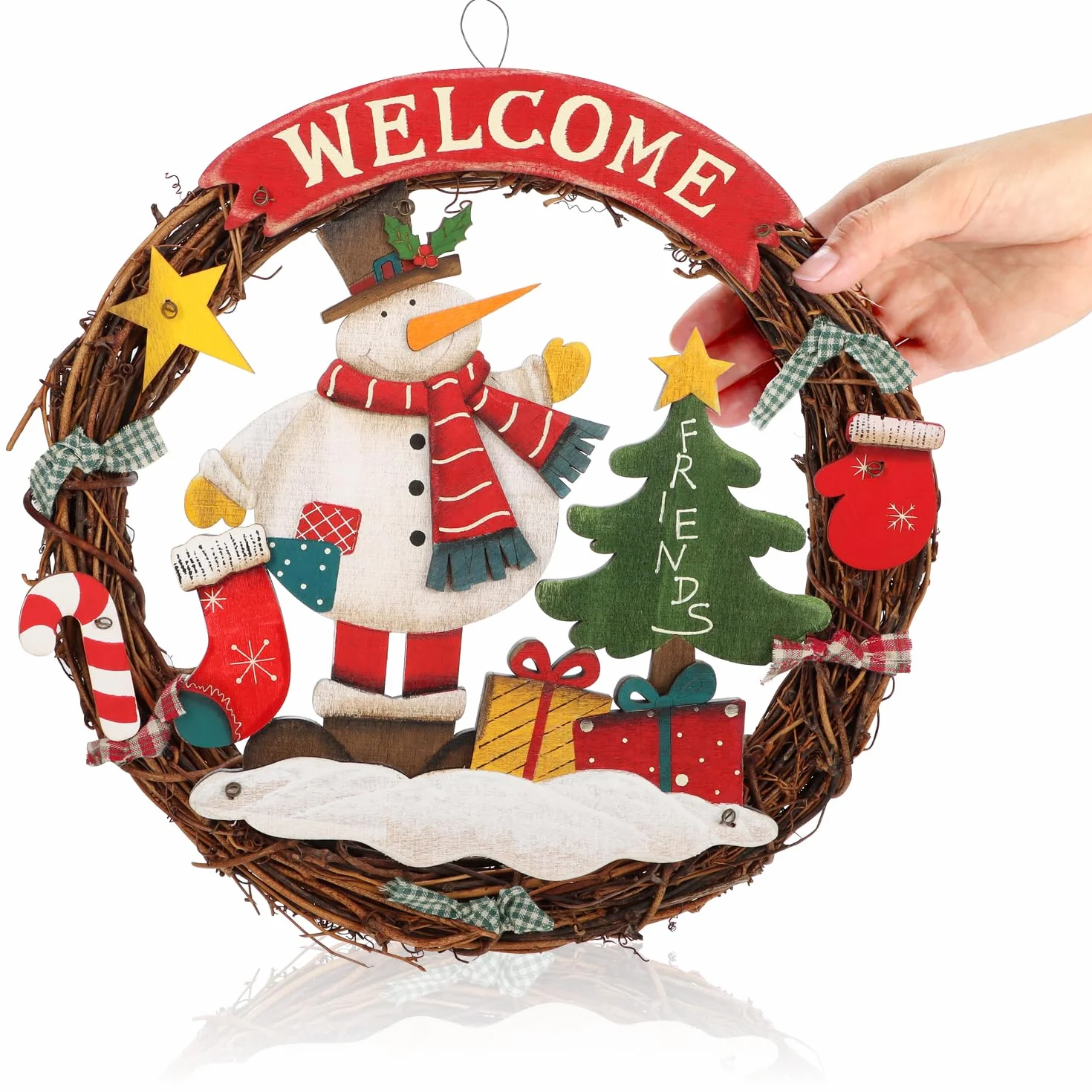 COM-FOUR® Wieniec Świąteczny Pleciony 'WELCOME' na Boże Narodzenie - Dekoracja do Powieszenia na Drzwi - Drewniany, ok. Ø 31 cm (Bałwan - L)