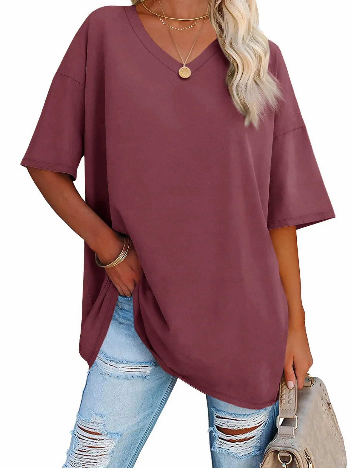Damskie koszulki oversize z krótkim rękawem dekolt w serek podstawowe jednokolorowe bawełniane t-shirty.