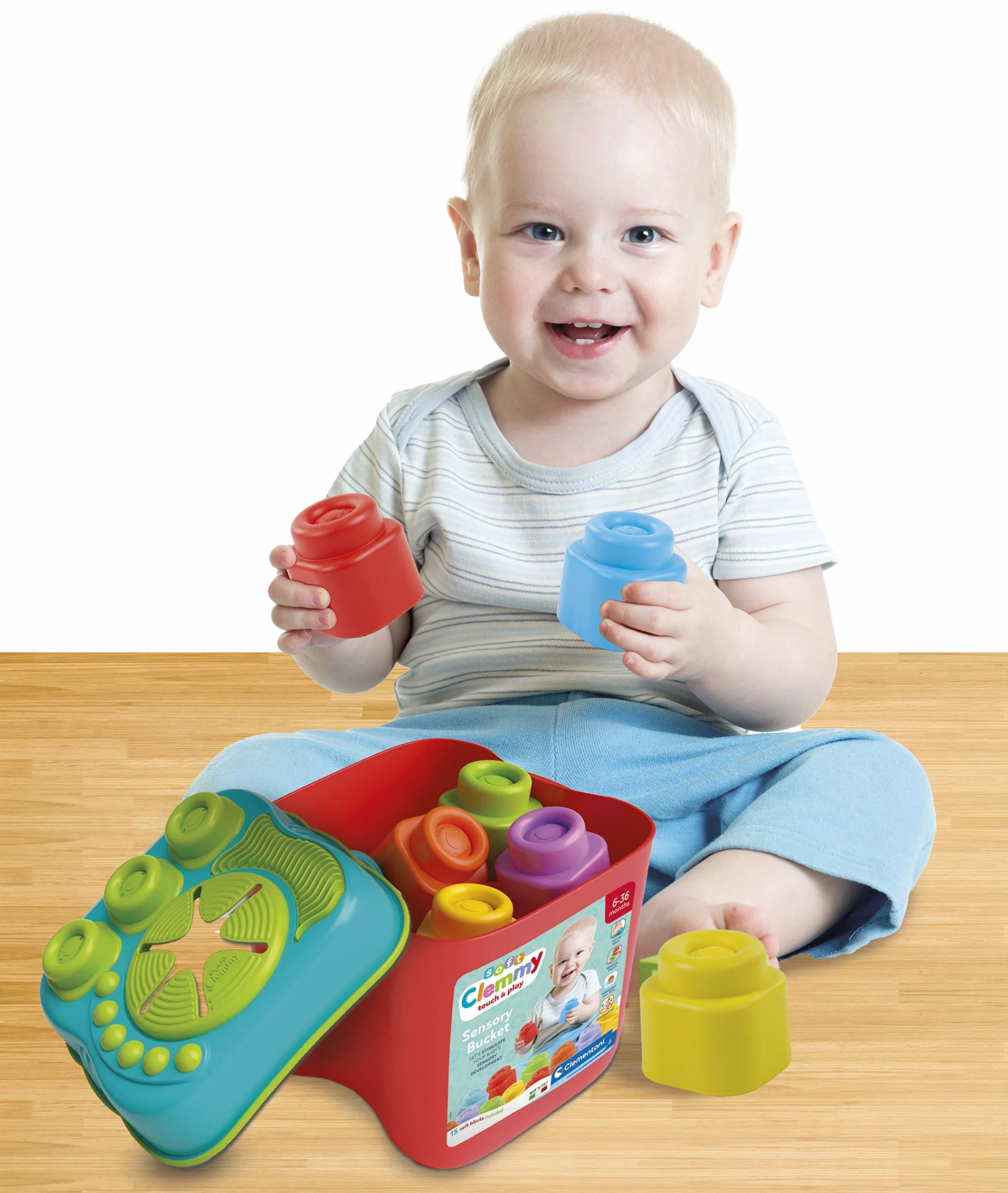 Clementoni - 17807 - Soft Clemmy - Sensory Bucket - Zabawka Konstrukcyjna Dla Dzieci Od 6 Miesięcy, Miękkie Klocki