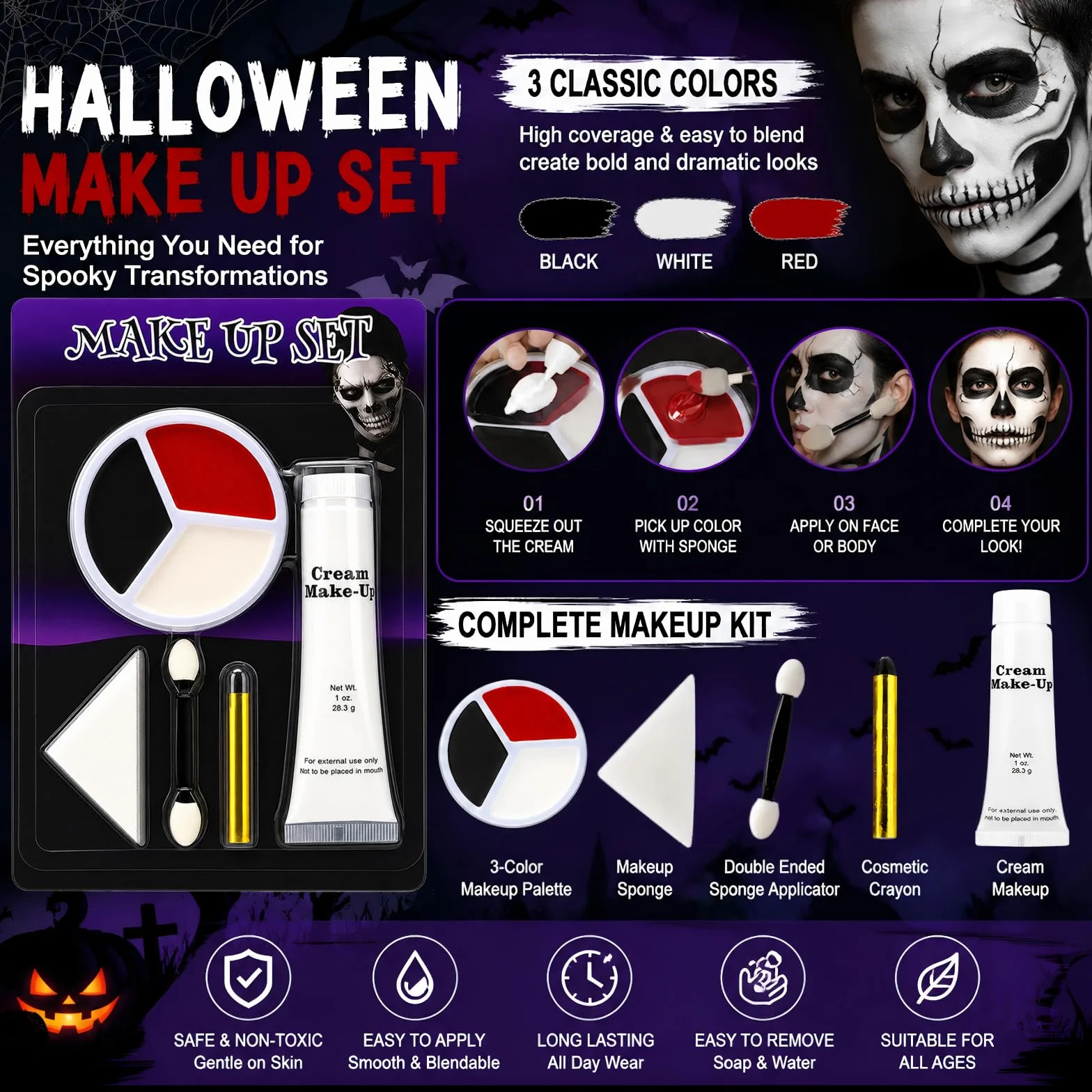 Halloweenowa biała farba do twarzy, SFX, zestaw do makijażu, biało-czarno-czerwona farba do twarzy, zestawy do makijażu na Halloween, do twarzy i ciała, Cosplay, SFX, zestaw do makijażu na Halloween