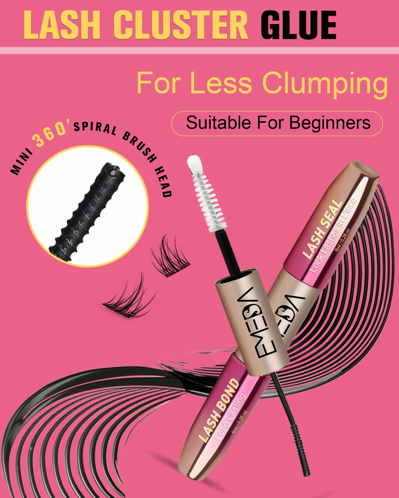 EMEDA Klej do rzęs 2 w 1 Lash Bond and Seal for Cluster Lashes, 48H wodoodporny i odporny na pot, długotrwały klej – Bez lateksu, łatwy w użyciu (6ml,Black+Clear)