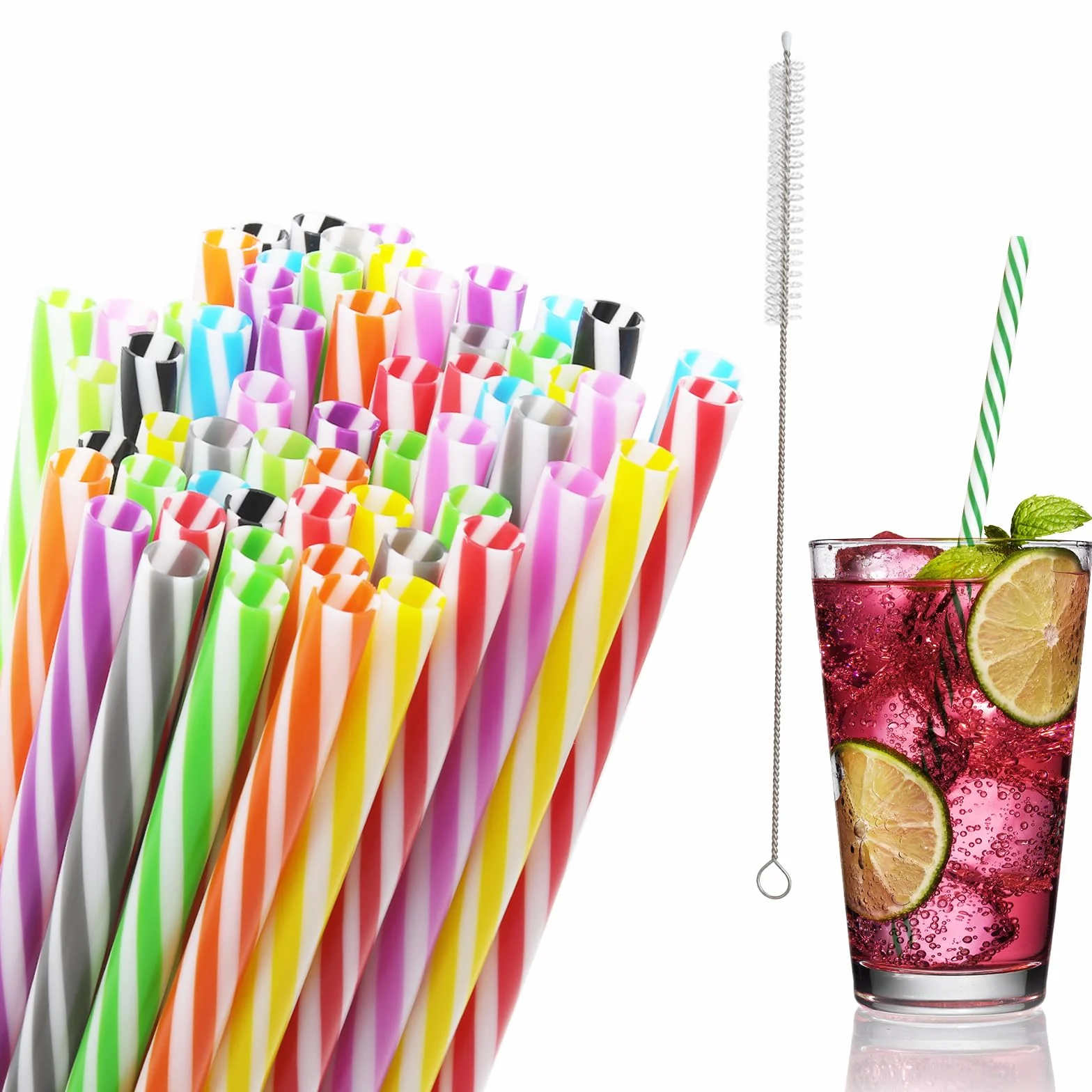 100 plastikowych słomek, 23 cm, plastikowe słomki do picia ze szczotką słomkową, słomki wielokrotnego użytku, plastikowe słomki do smoothie, soku, koktajli, gorących napojów