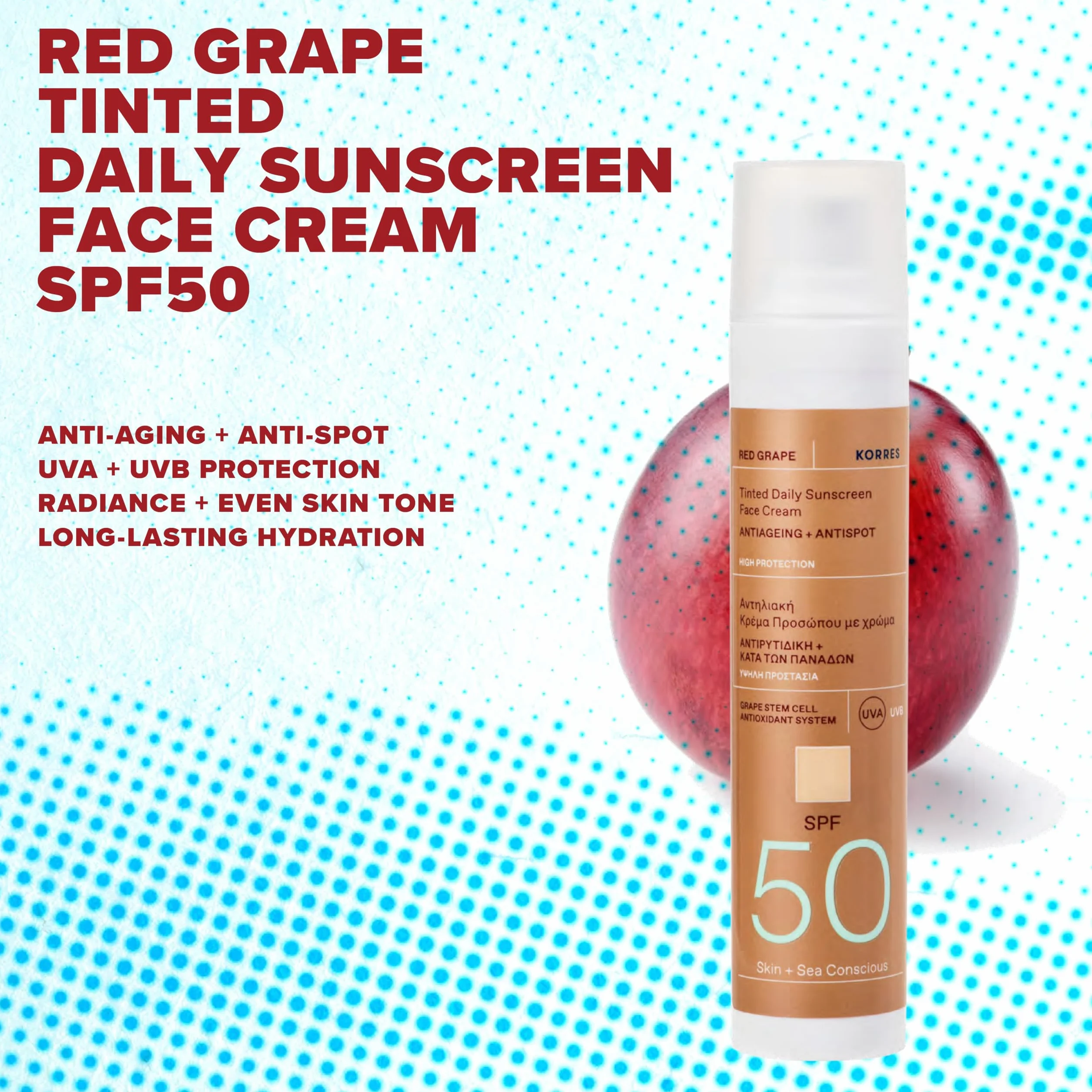 KORRES RED GRAPE przyciemniany krem przeciwsłoneczny do twarzy, LSF 50, przeciwstarzeniowy + przeciw ciemnościom, testowany dermatologicznie, wegański, 50 ml