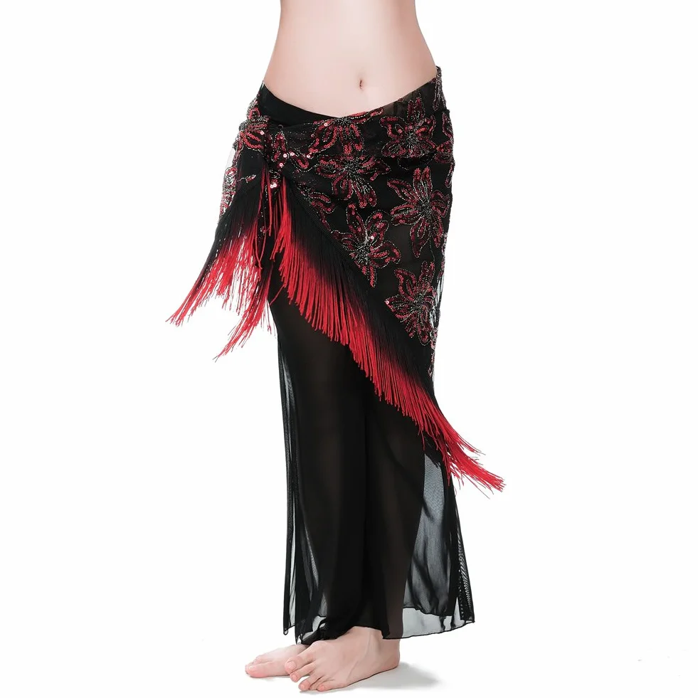 ROYAL SMEELA Kobiety seksowna odzież do tańca brzucha taniec brzucha biodra szalik taniec brzucha kostium owijany spódnica dwukolorowe frędzle cekiny haft bellydance biodra szaliki strój do tańca brzucha, Czerwony, Rozmiar uniwersalny