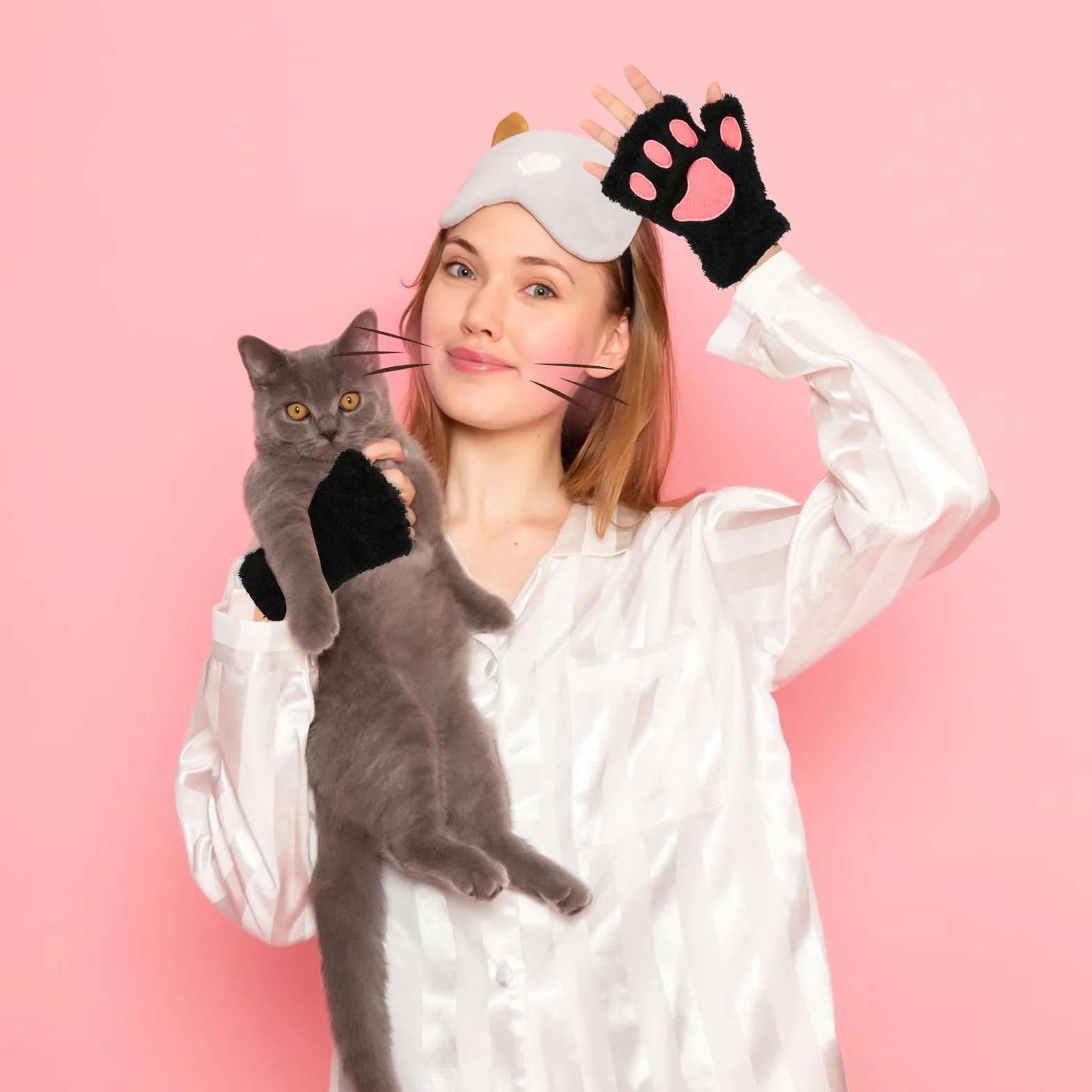 COMNICO Rękawiczki z łapami kota, miękkie, pluszowe, bez palców, kreskówka, zwierzęta, kot, pazury, rękawiczki zimowe na Halloween, Boże Narodzenie, Cosplay, akcesoria kostiumowe, czarny, 7,48 × 6,1 ×