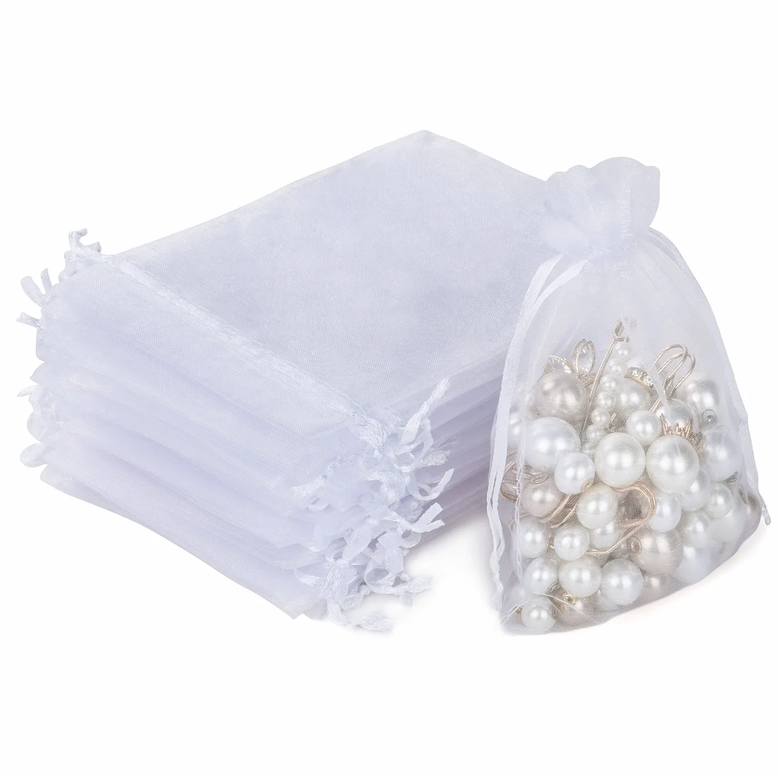 Aucuu Woreczki z organzy, 105 sztuk, małe, 10 x 15 cm, na wesele, biżuterię, cukierki, prezent ślubny, dla gości, na imprezę z okazji narodzin dziecka, Boże Narodzenie, jubileusz, białe