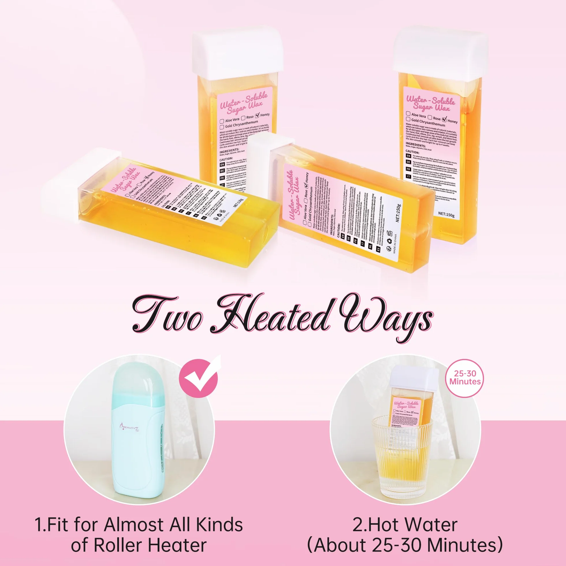 Beauty7 Zestaw wkładów woskowych Roll-on Wax, wkłady woskowe, wkłady z gorącym woskiem, do usuwania włosów pod pachami, okolice intymnej, nóg i klatki piersiowej, 3 sztuki x 150 ml