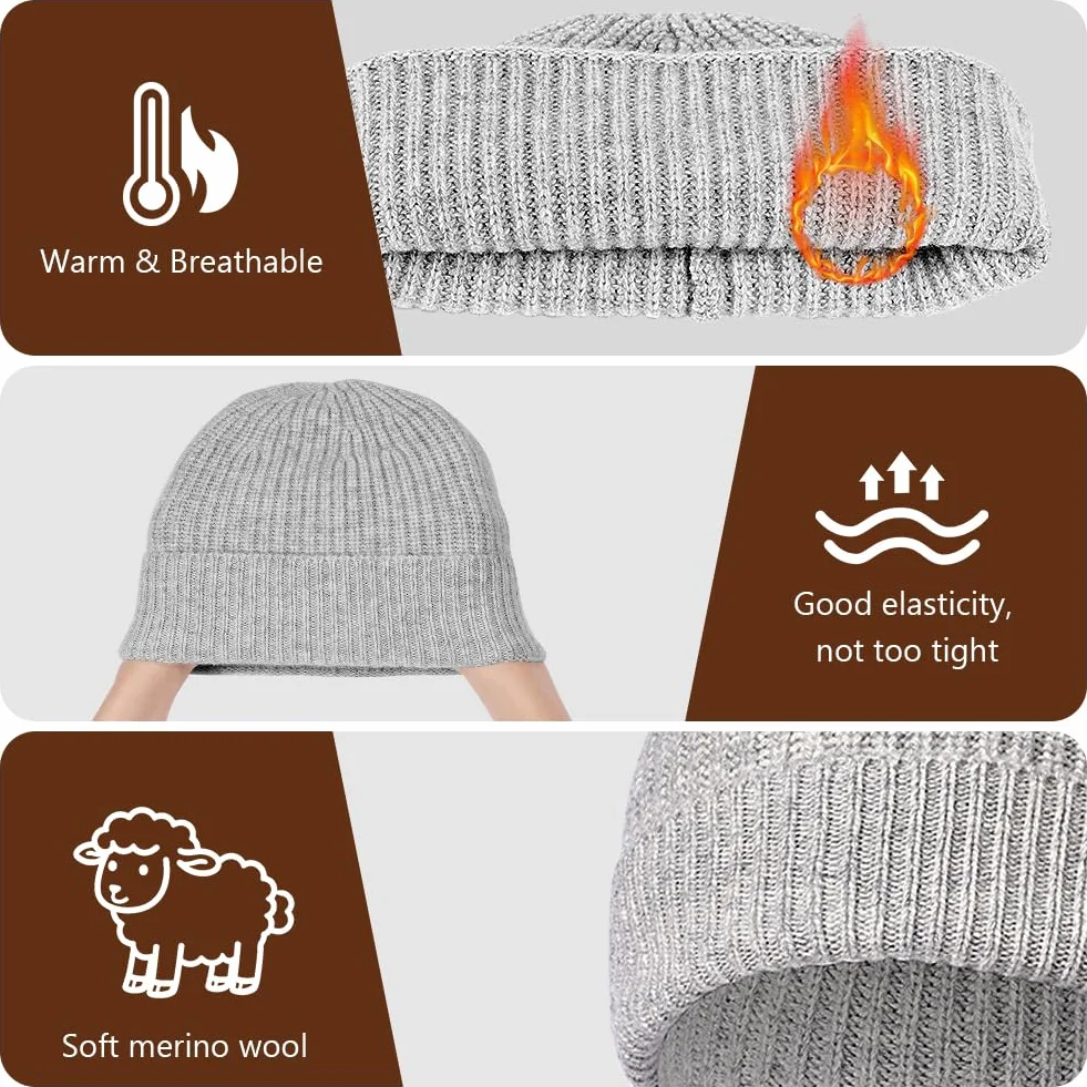 Vicloon Czapka z wełny merynosów dla mężczyzn i kobiet, wełna merino Fisherman, czapka trawler, miękka, rozciągliwa, unisex, męska i damska, zimowa czapka z dzianiny, czapka wełniana
